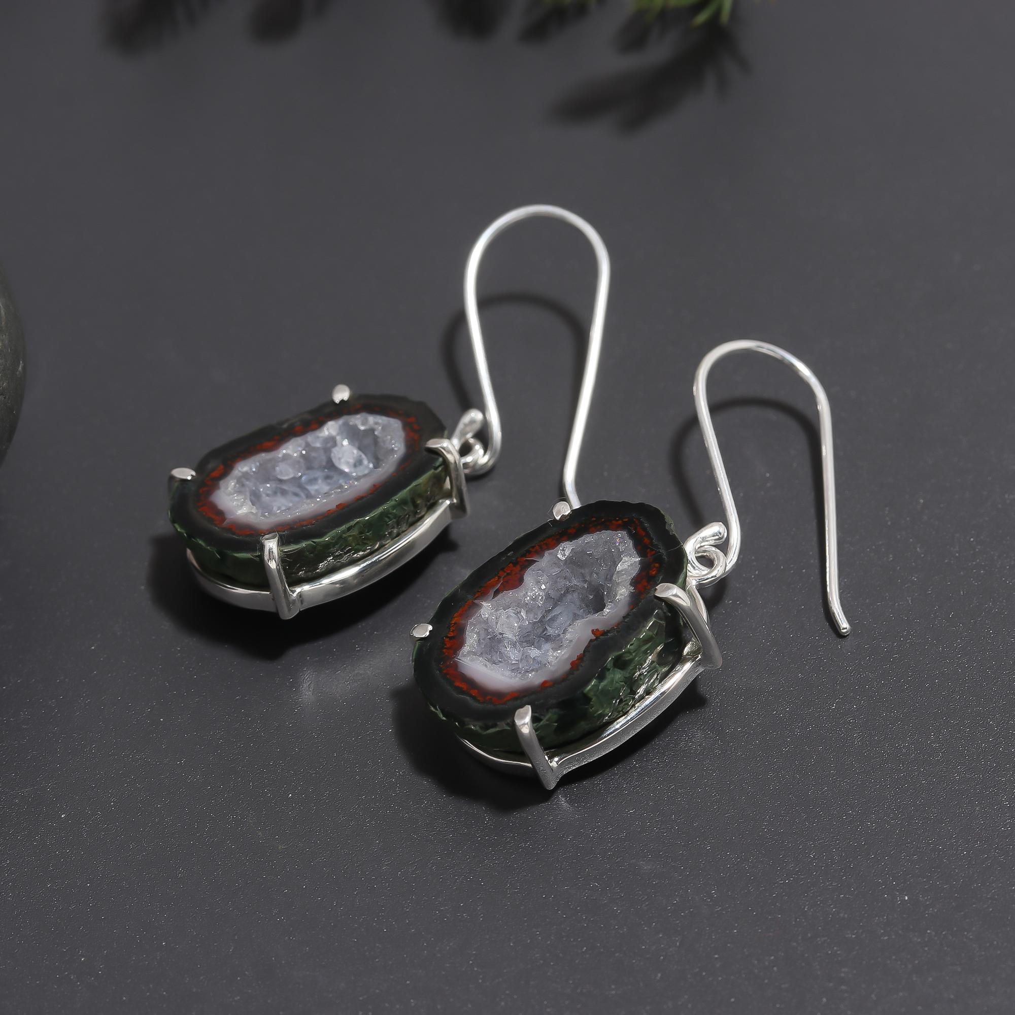 925 Silver Natural Druzy Slice Dangle Earrings