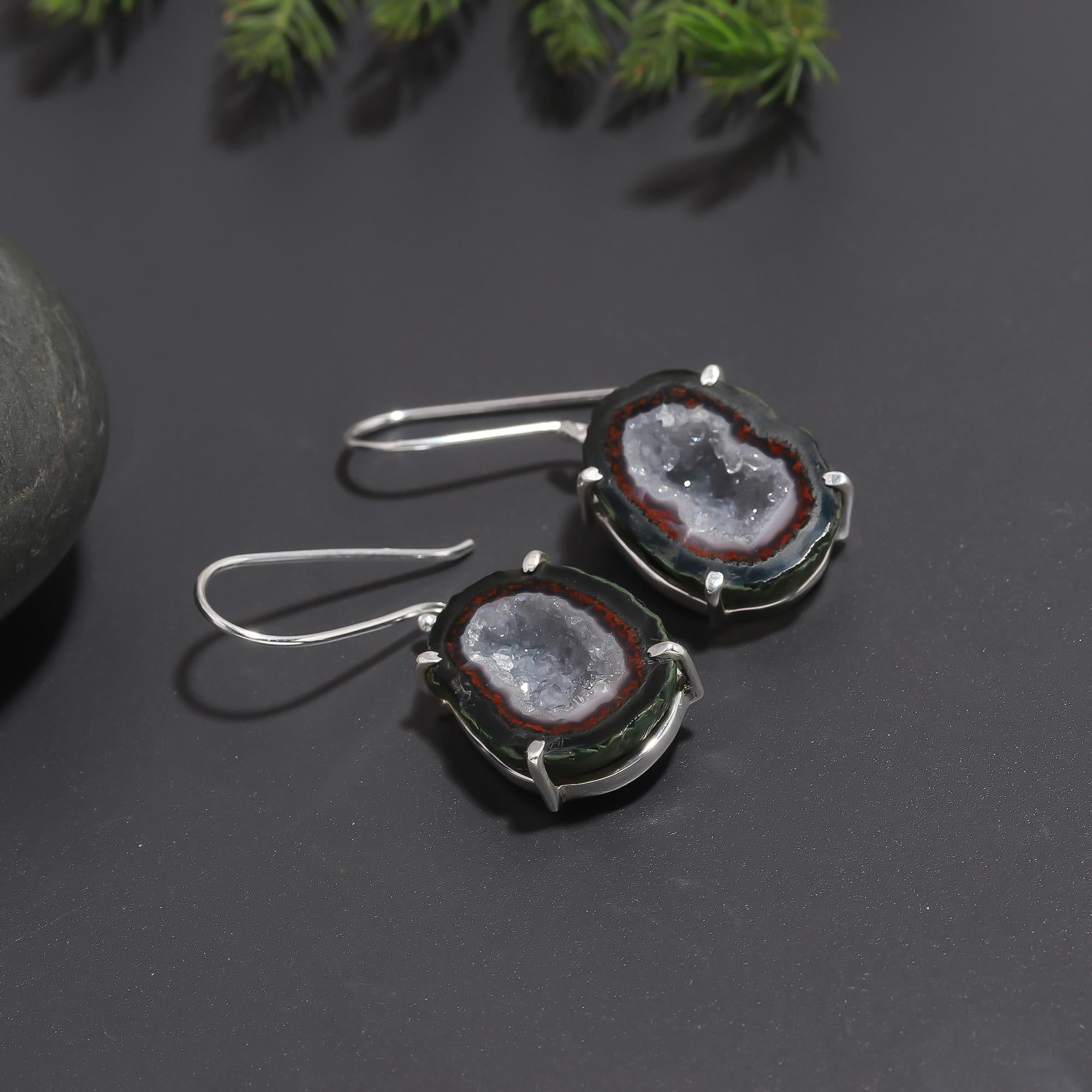 925 Silver Natural Druzy Slice Dangle Earrings
