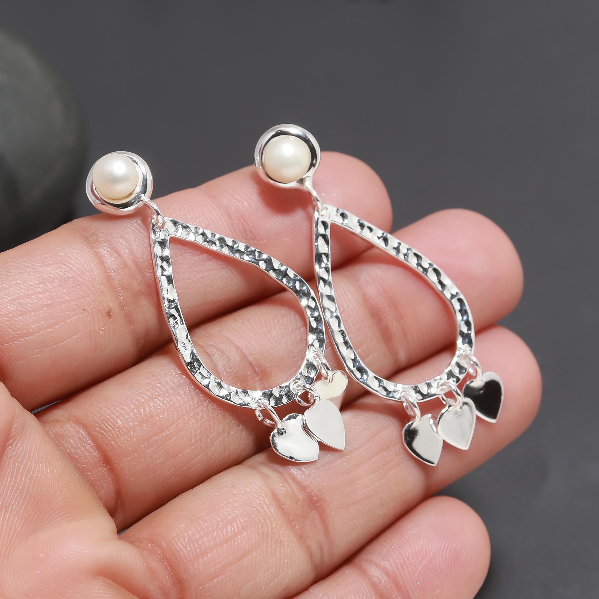 925 Silver Pearl and Heart Charm Drop Earrings
