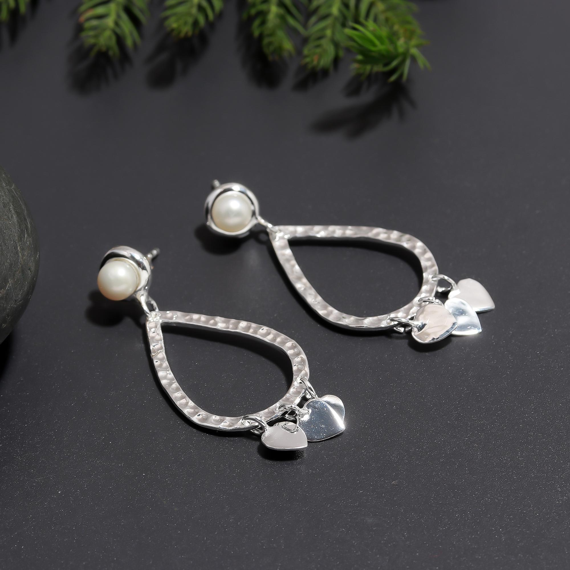 925 Silver Pearl and Heart Charm Drop Earrings