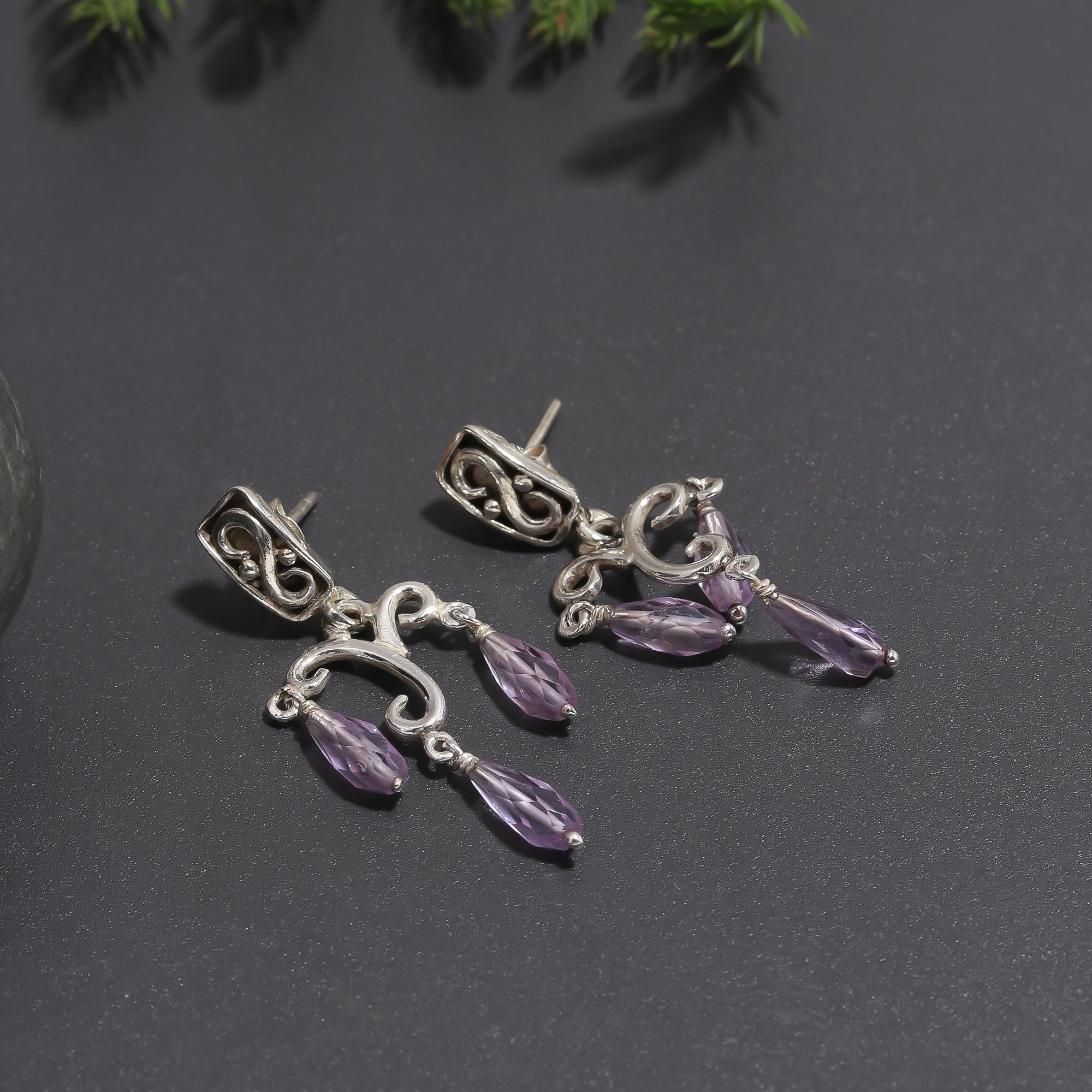 925 Silver Amethyst Scroll Drop Earrings