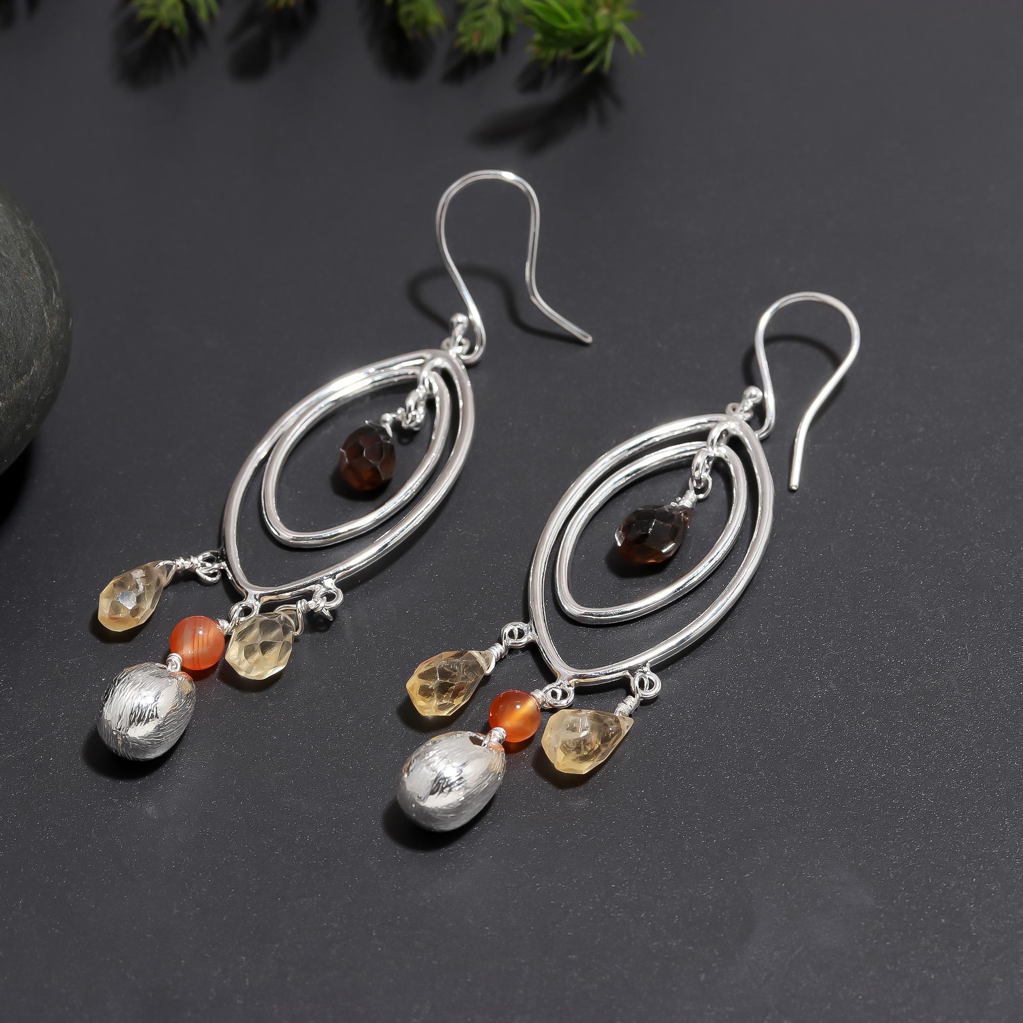 925 Silver Multi Gemstone Dangle Earrings