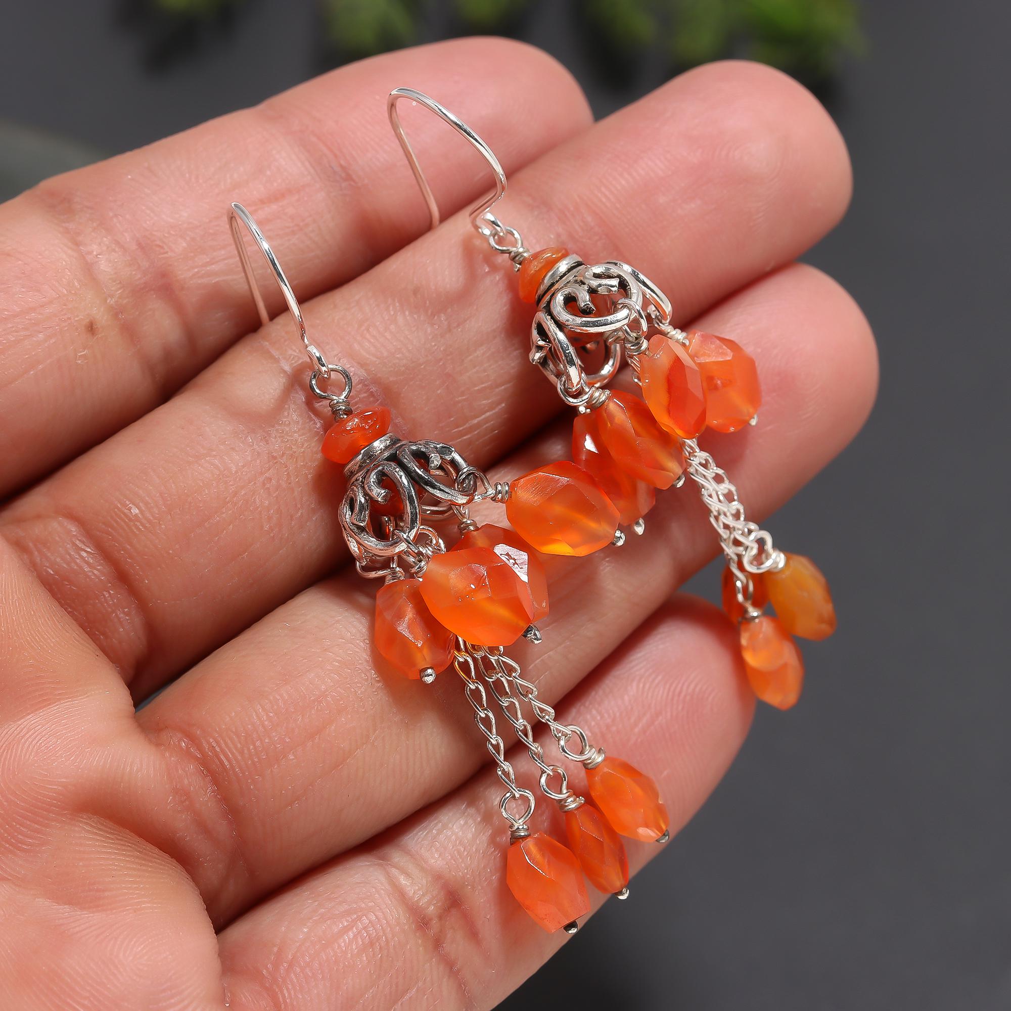 925 Silver Carnelian Cluster Dangle Earrings
