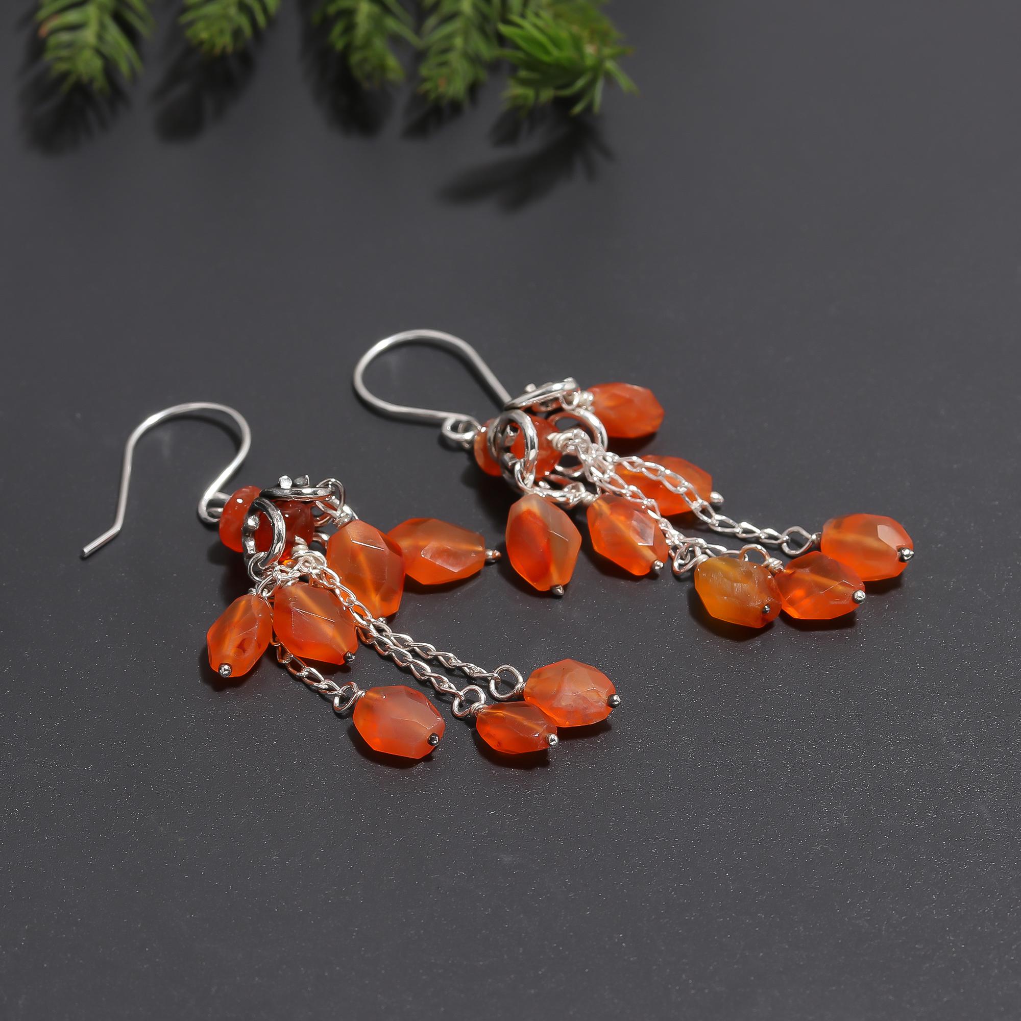 925 Silver Carnelian Cluster Dangle Earrings