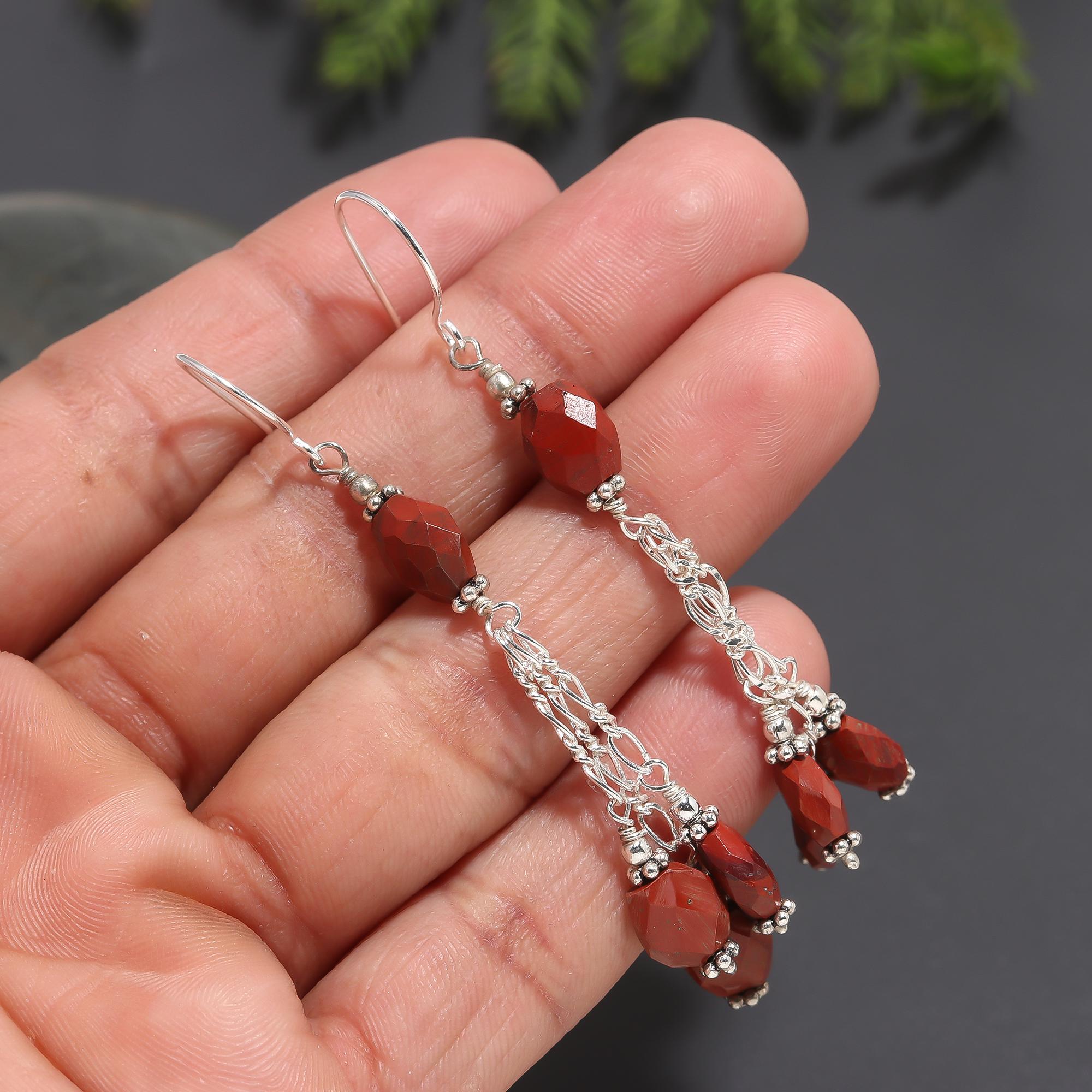 925 Silver Red Jasper Beads Long Dangle Earrings