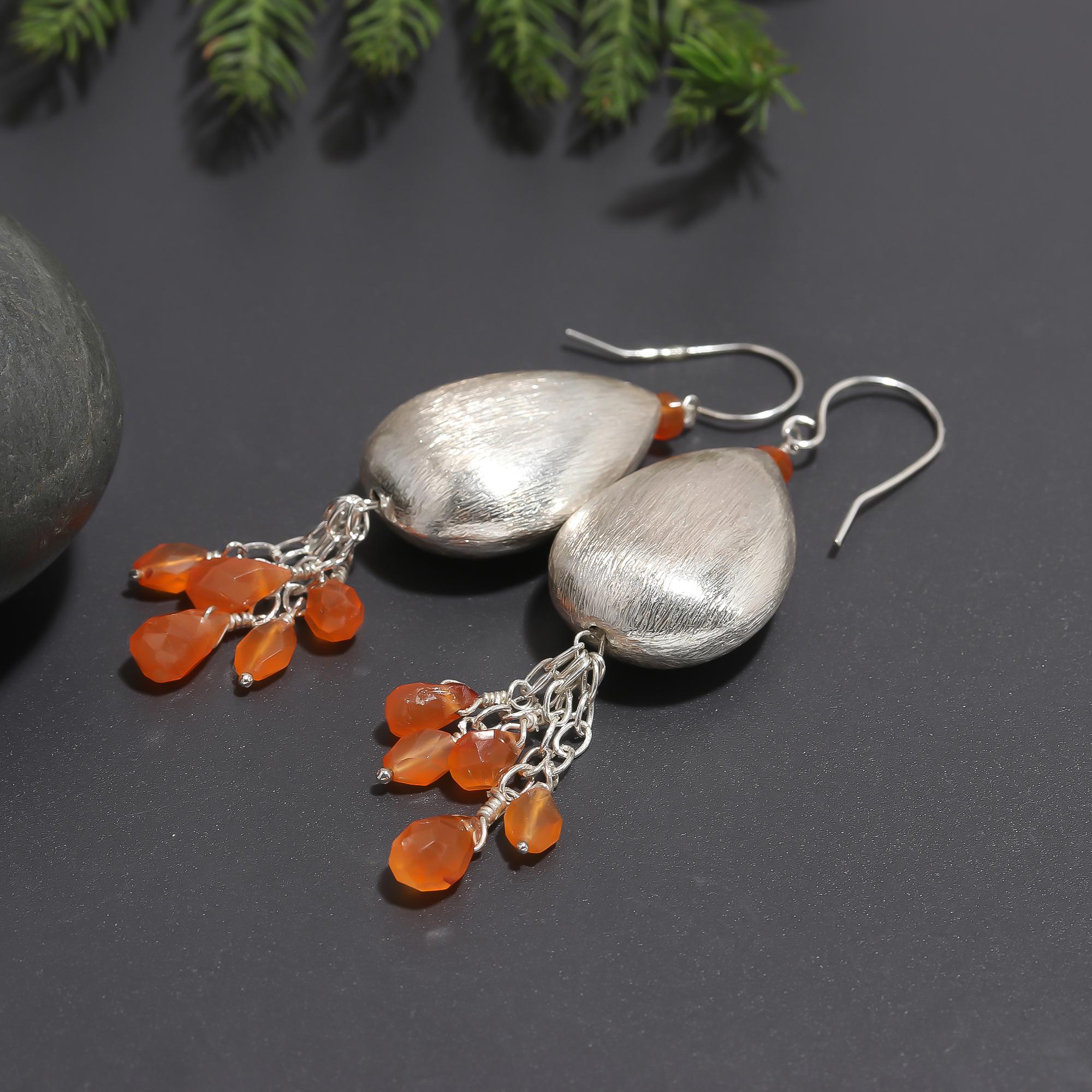 925 Silver Carnelian Bead Tassels Dangle Earrings