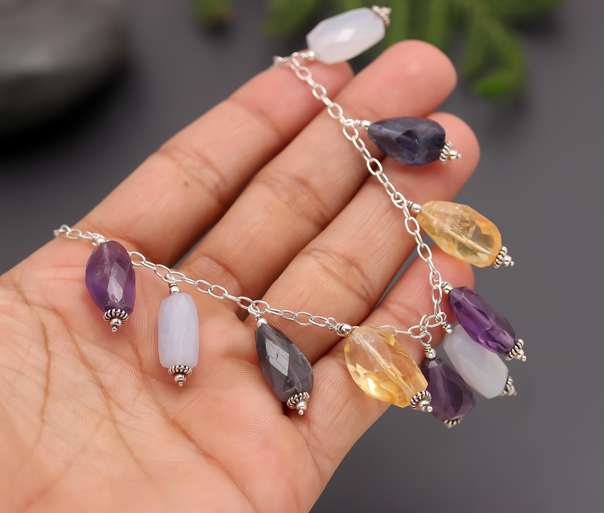 925 Silver Multicolor Gemstone Drop Necklace