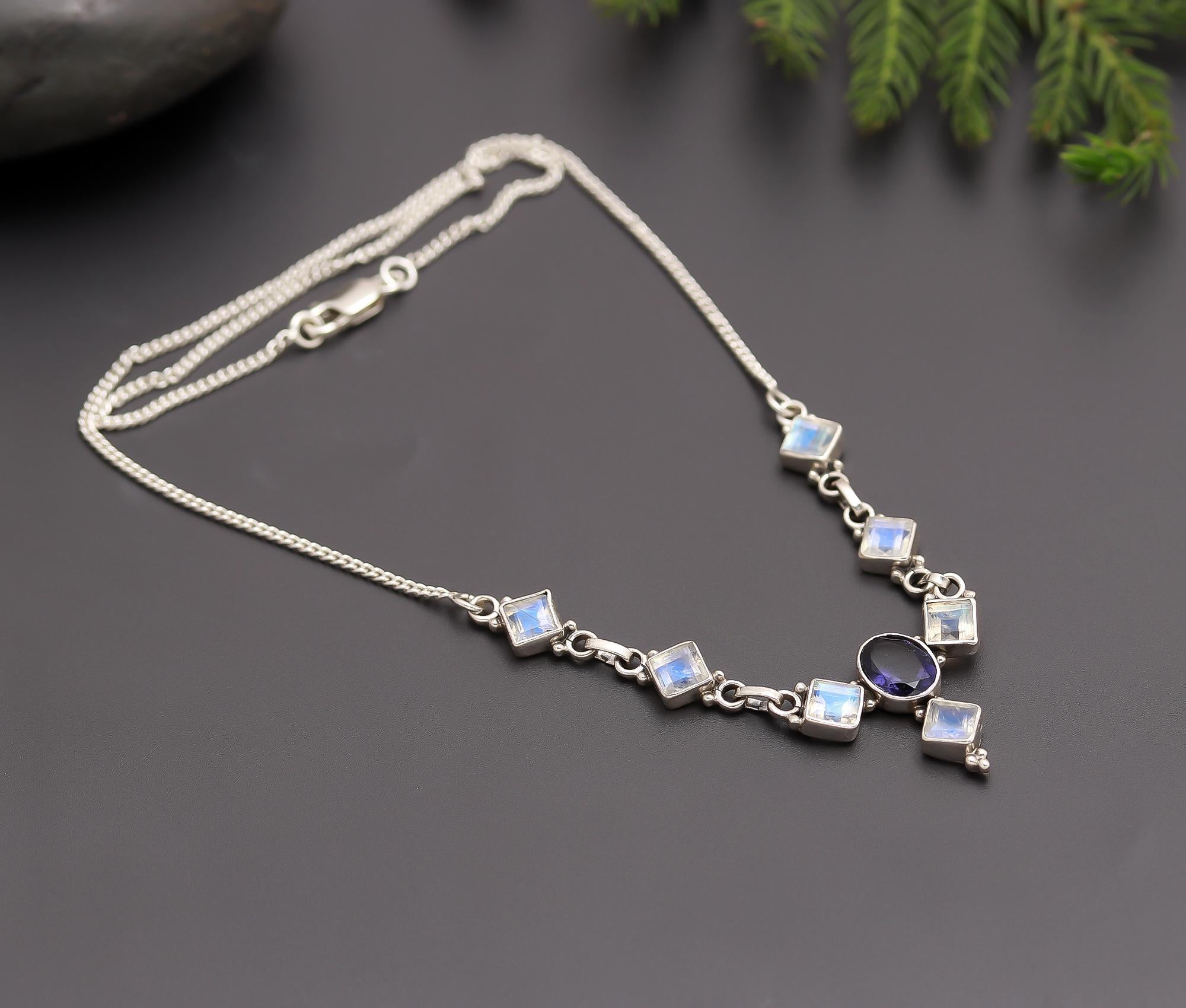 925 Silver Iolite and Rainbow Moonstone Necklace
