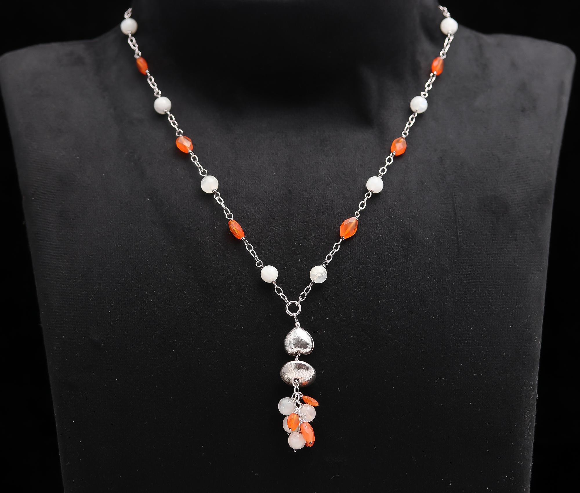 925 Silver Moonstone and Carnelian Beads Pendant Necklace