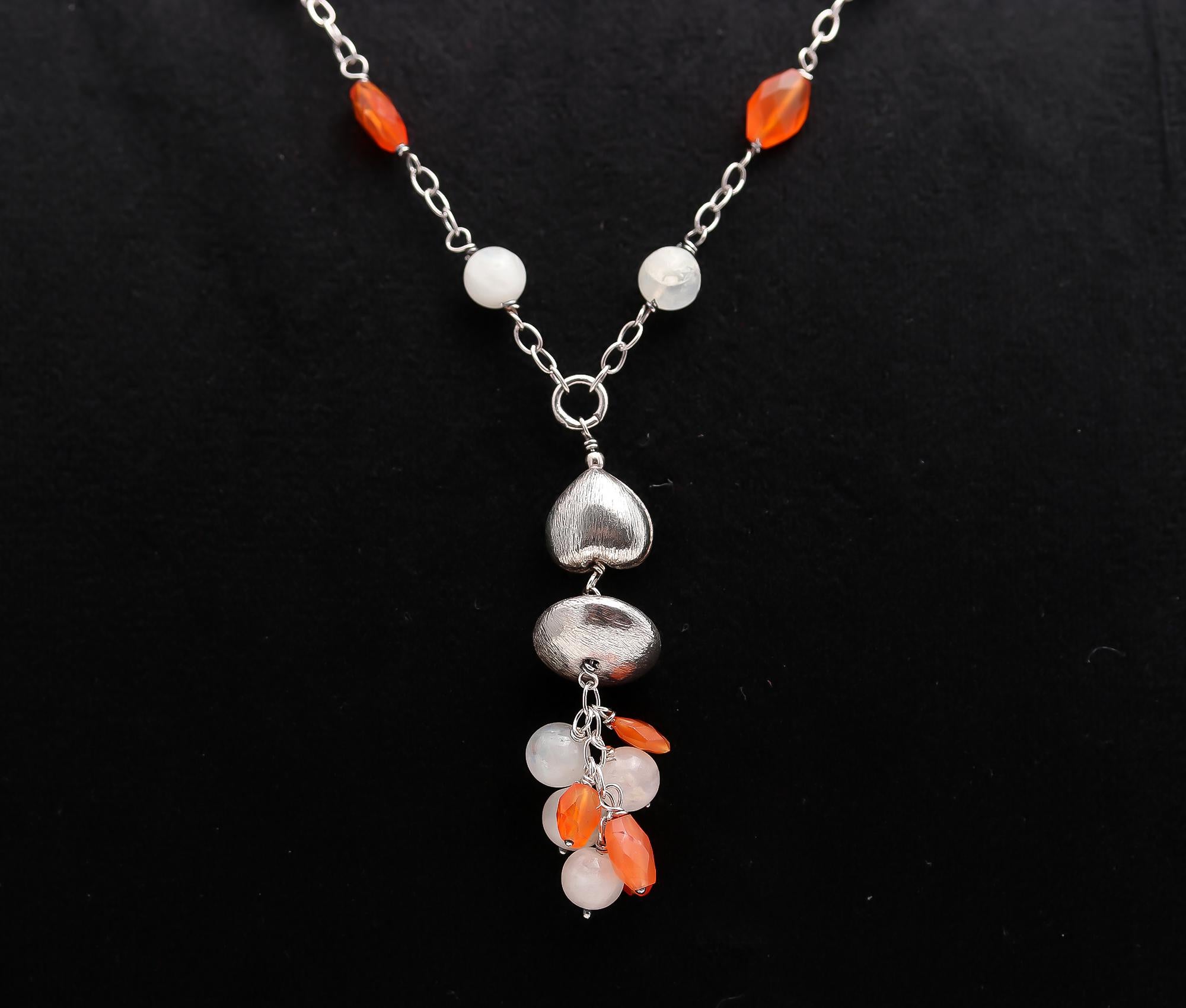 925 Silver Moonstone and Carnelian Beads Pendant Necklace