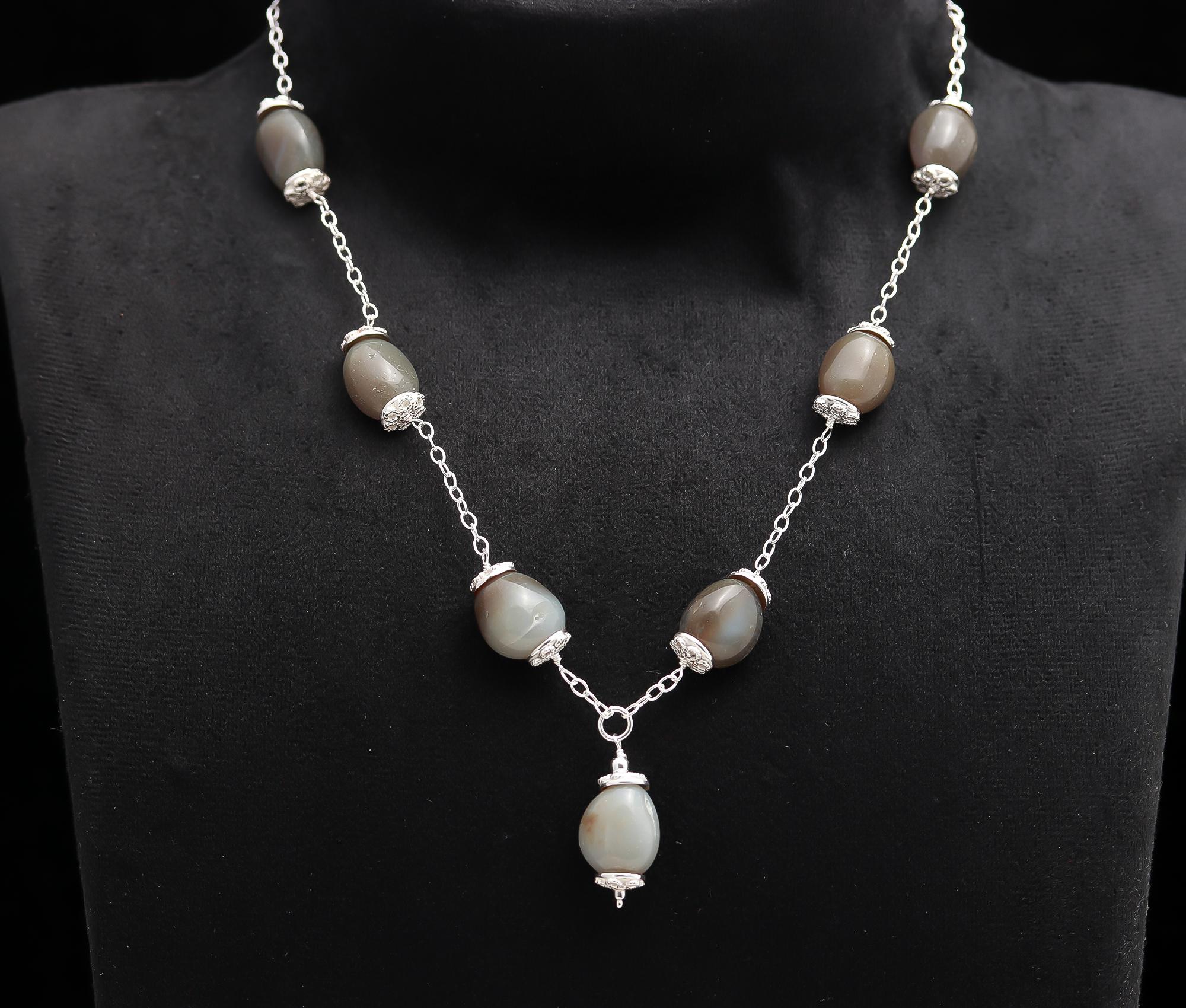 925 Silver Grey Agate Beads Necklace