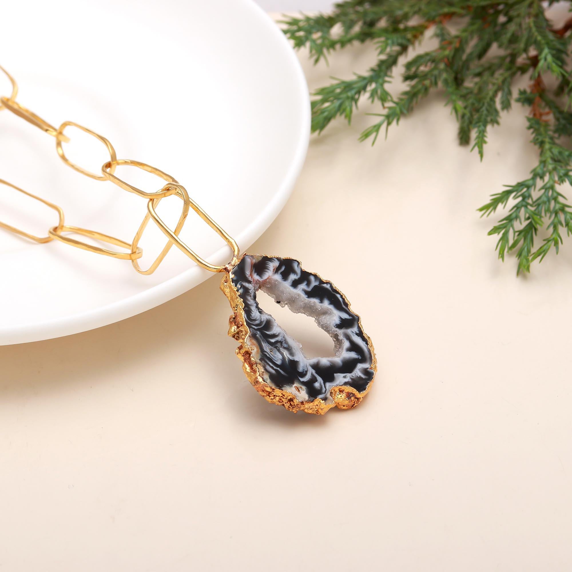 The Midnight Geode: Black Agate Paperclip Chain Necklace