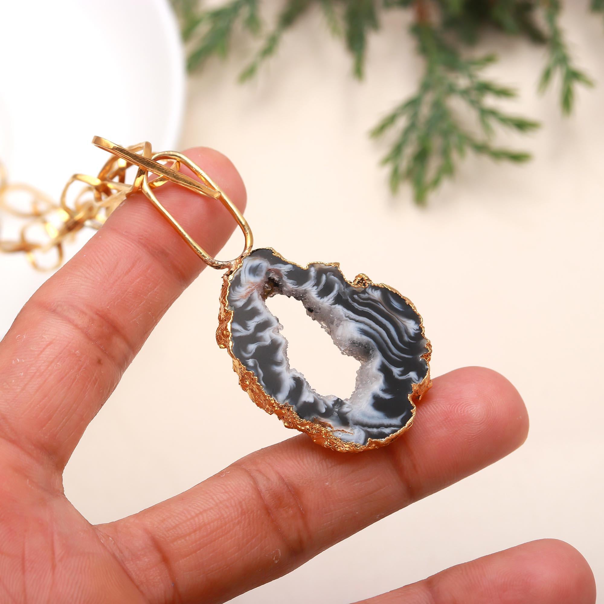 925 Silver Agate Slice Pendant Necklace