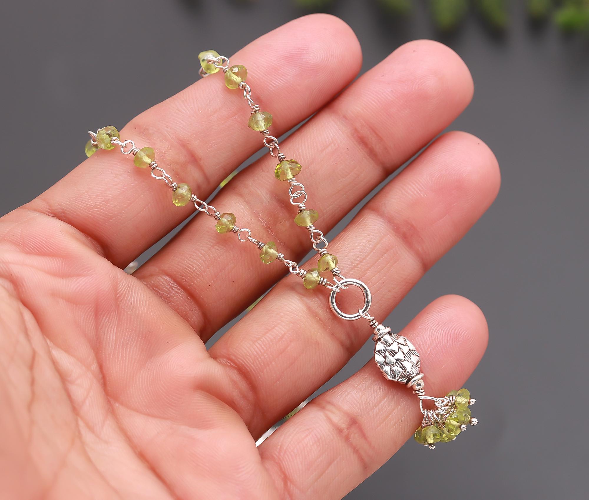 925 Silver Peridot Beaded Floral Pendant Necklace