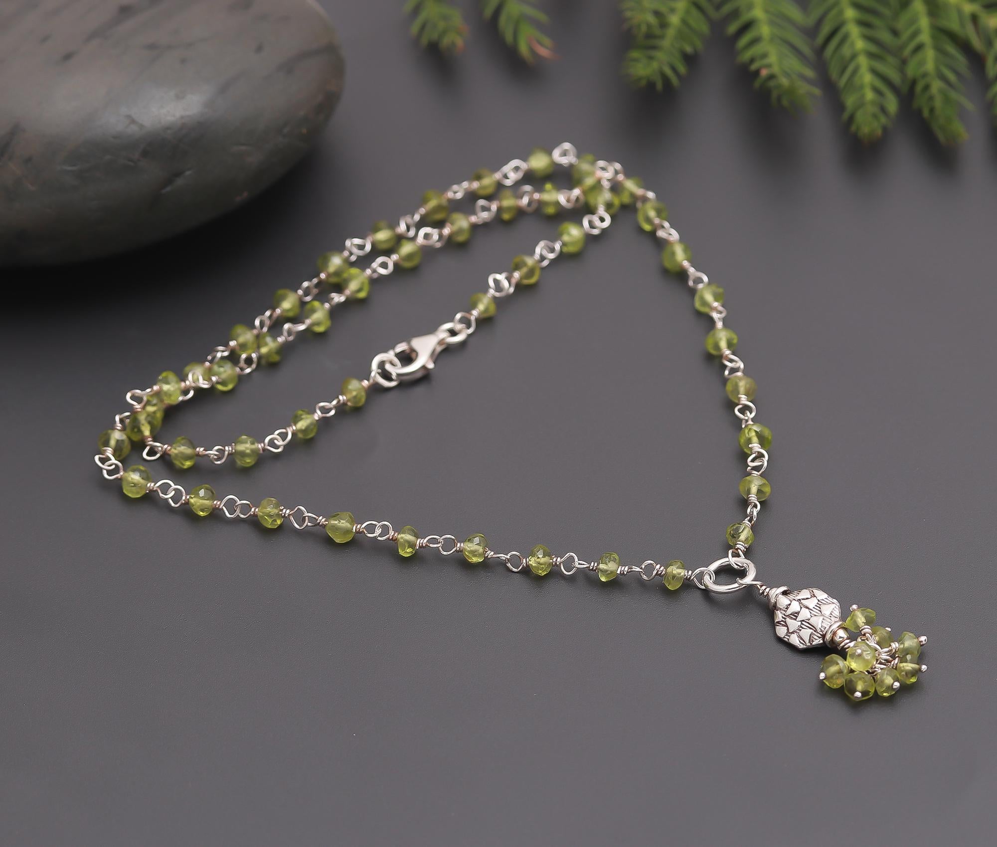 925 Silver Peridot Beaded Floral Pendant Necklace
