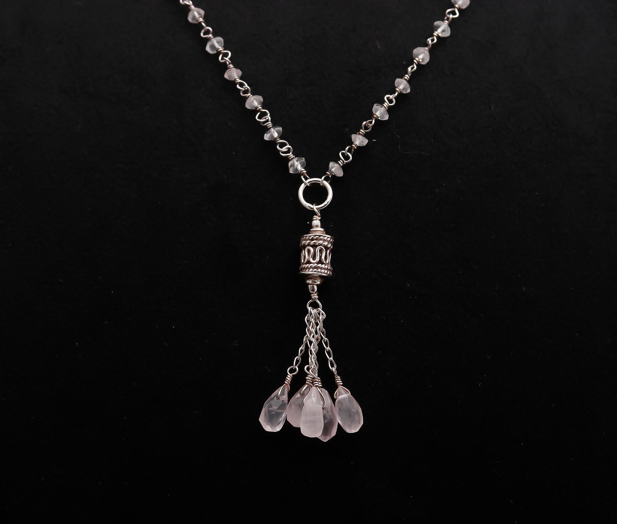 925 Silver Rose Quartz Tassel Pendant Necklace