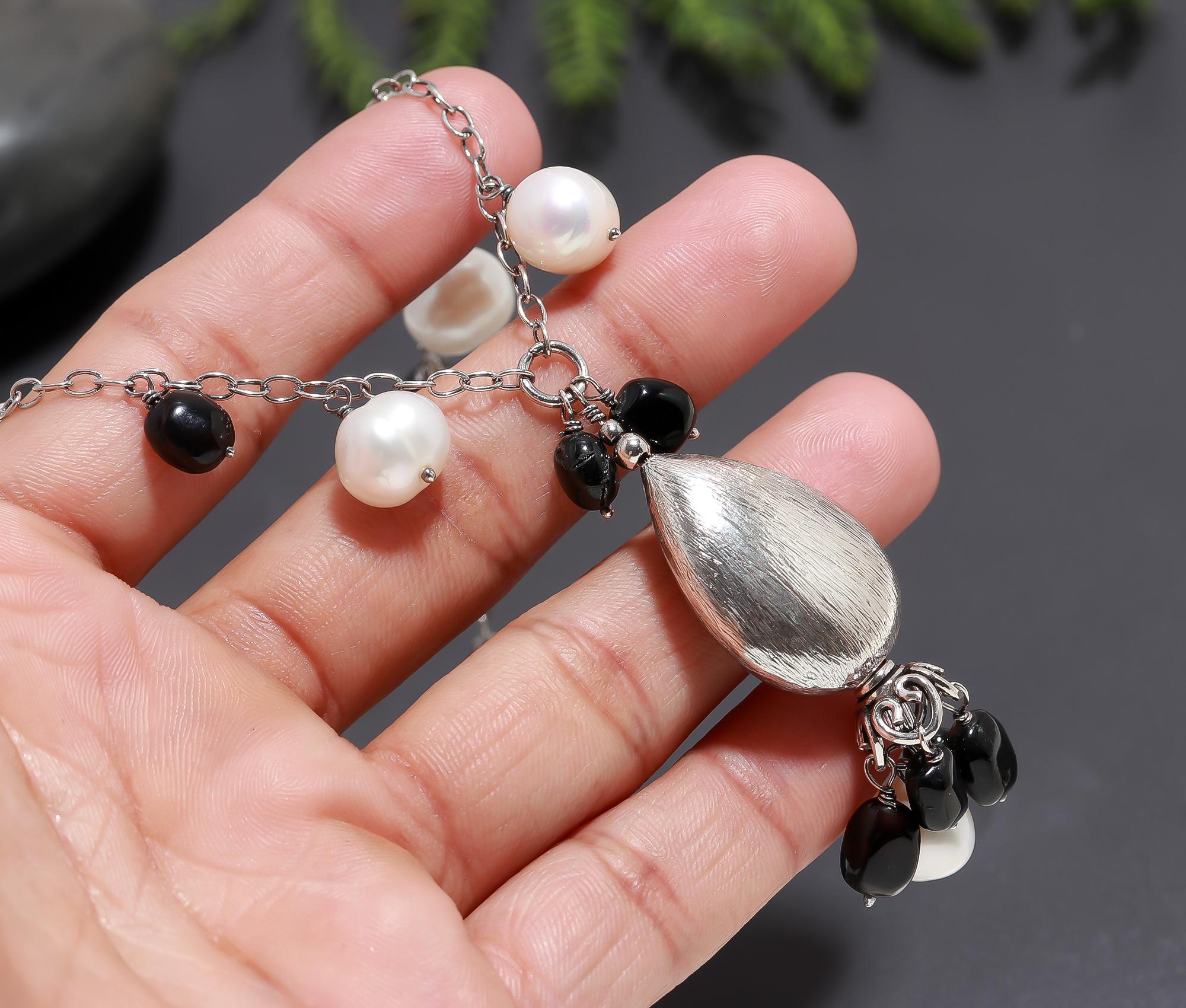 925 Silver Black Onyx and Freshwater Pearl Necklace