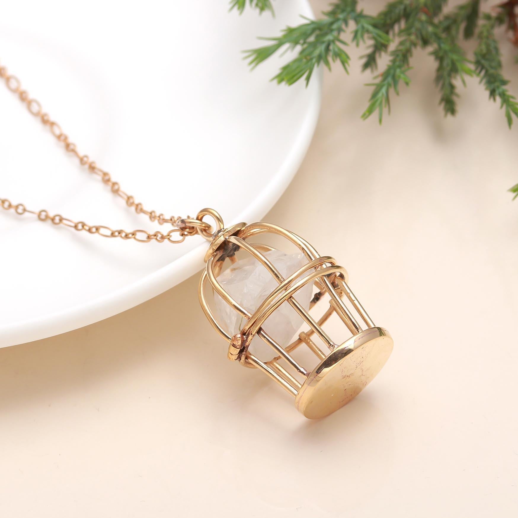 The Gilded Sanctuary: Raw Quartz Cage Pendant Necklace