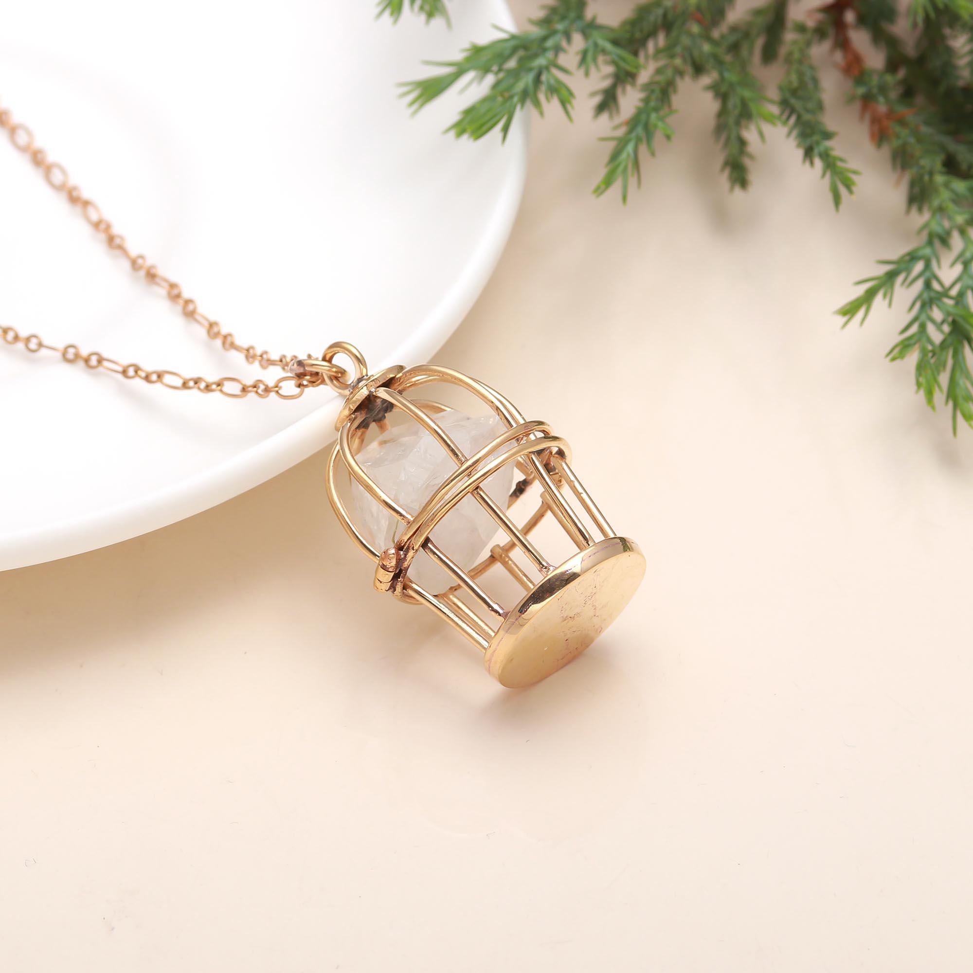 Designer 18 Brass Bird Cage Necklace with Drusy Gemstone