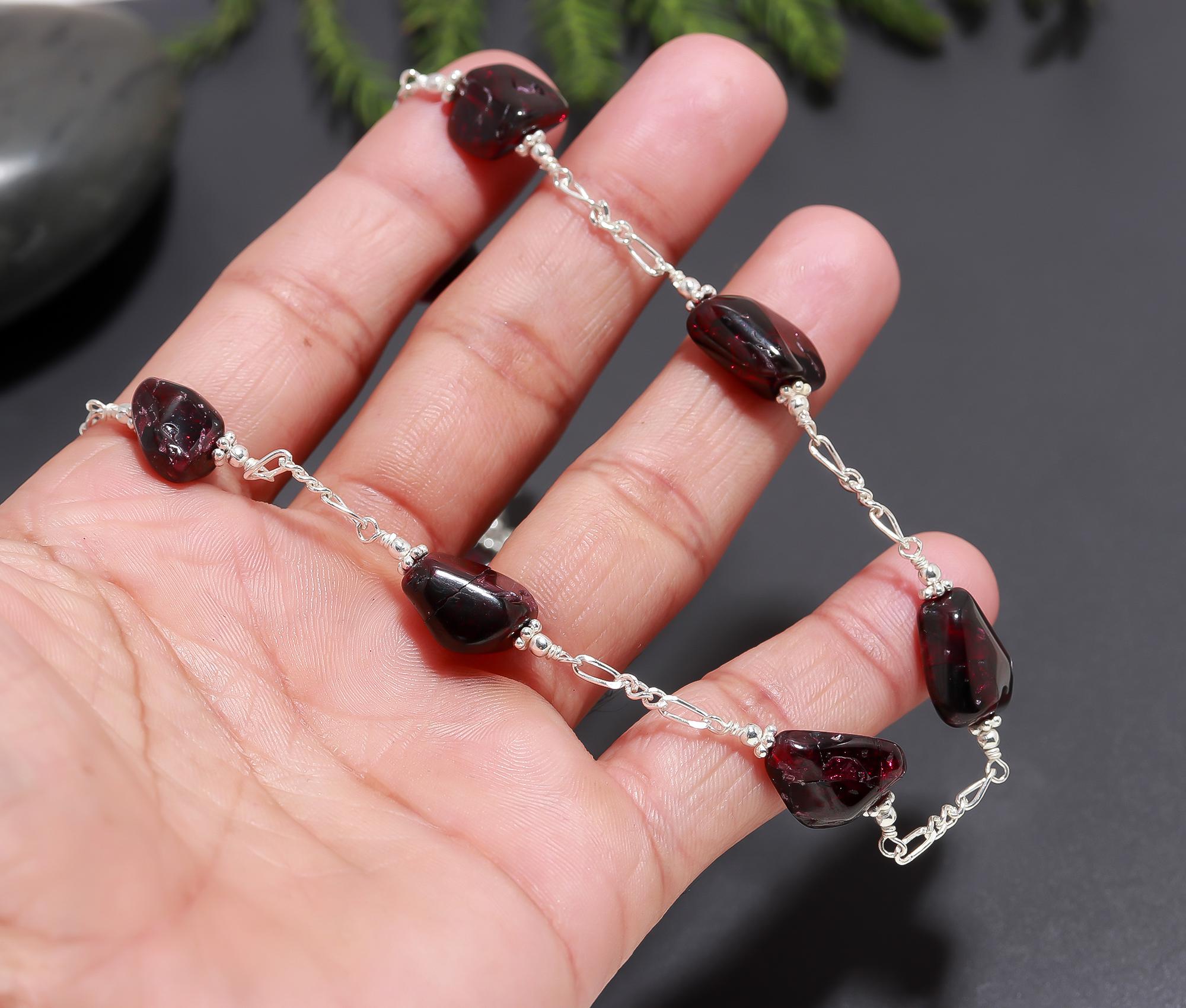 925 Silver Garnet Beads Chain Necklace