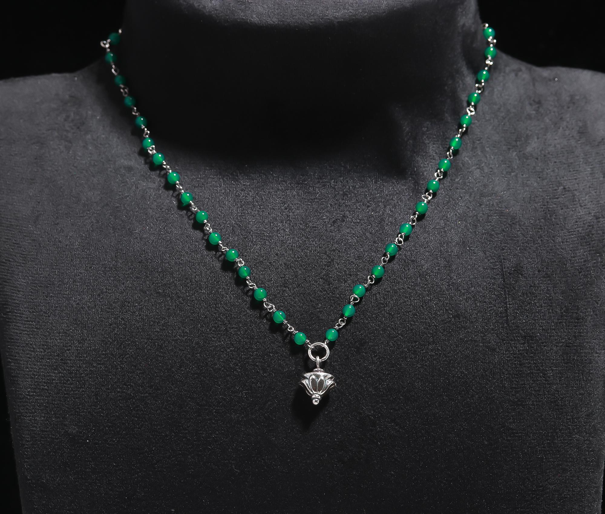 925 Silver Green Onyx Beaded Pendant Necklace