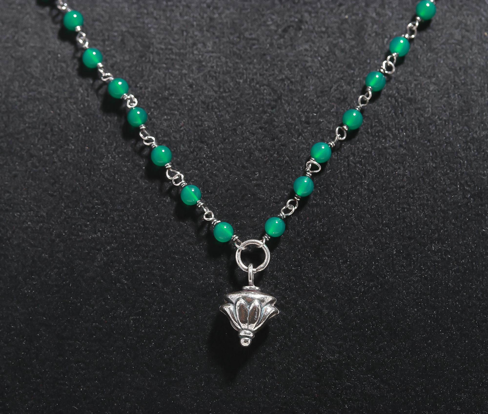 925 Silver Green Onyx Beaded Pendant Necklace