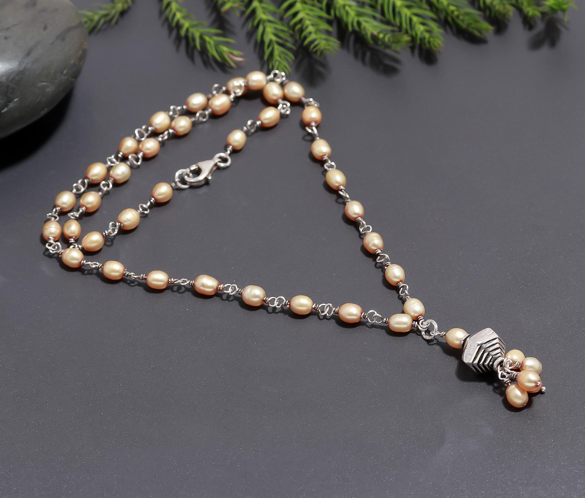 925 Silver Peach Pearl Beaded Necklace