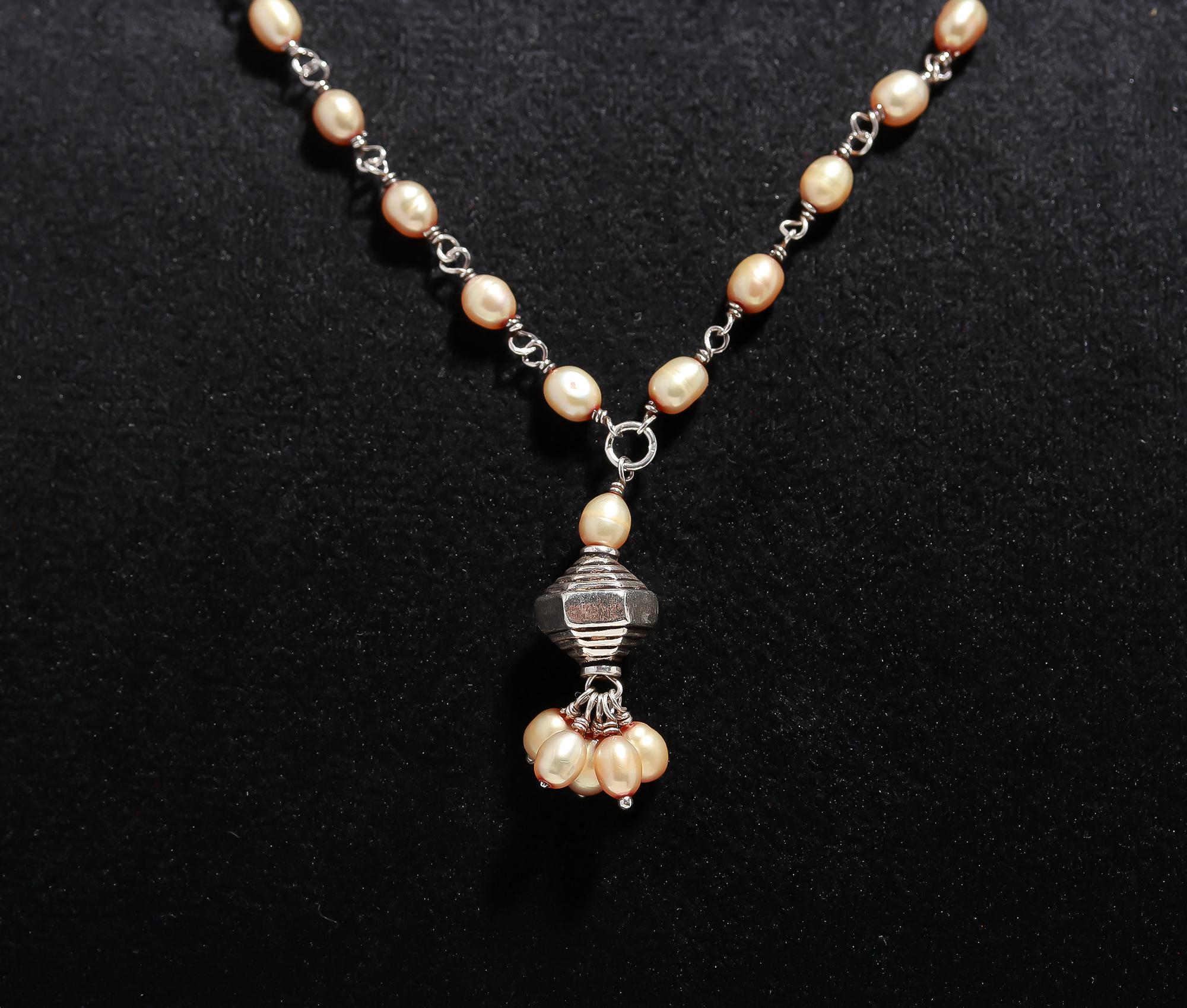 925 Silver Peach Pearl Beaded Necklace