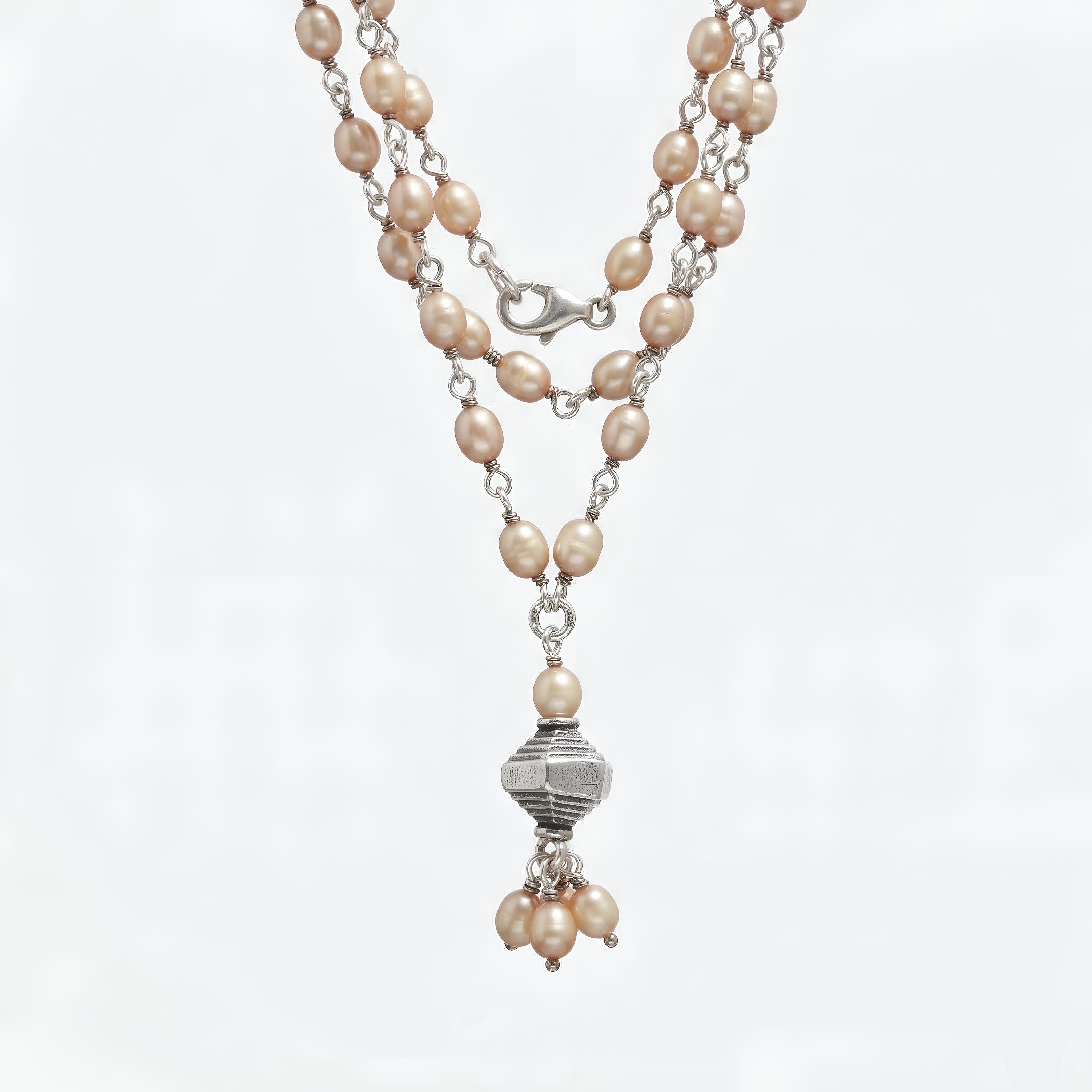 925 Silver Peach Pearl Beaded Necklace
