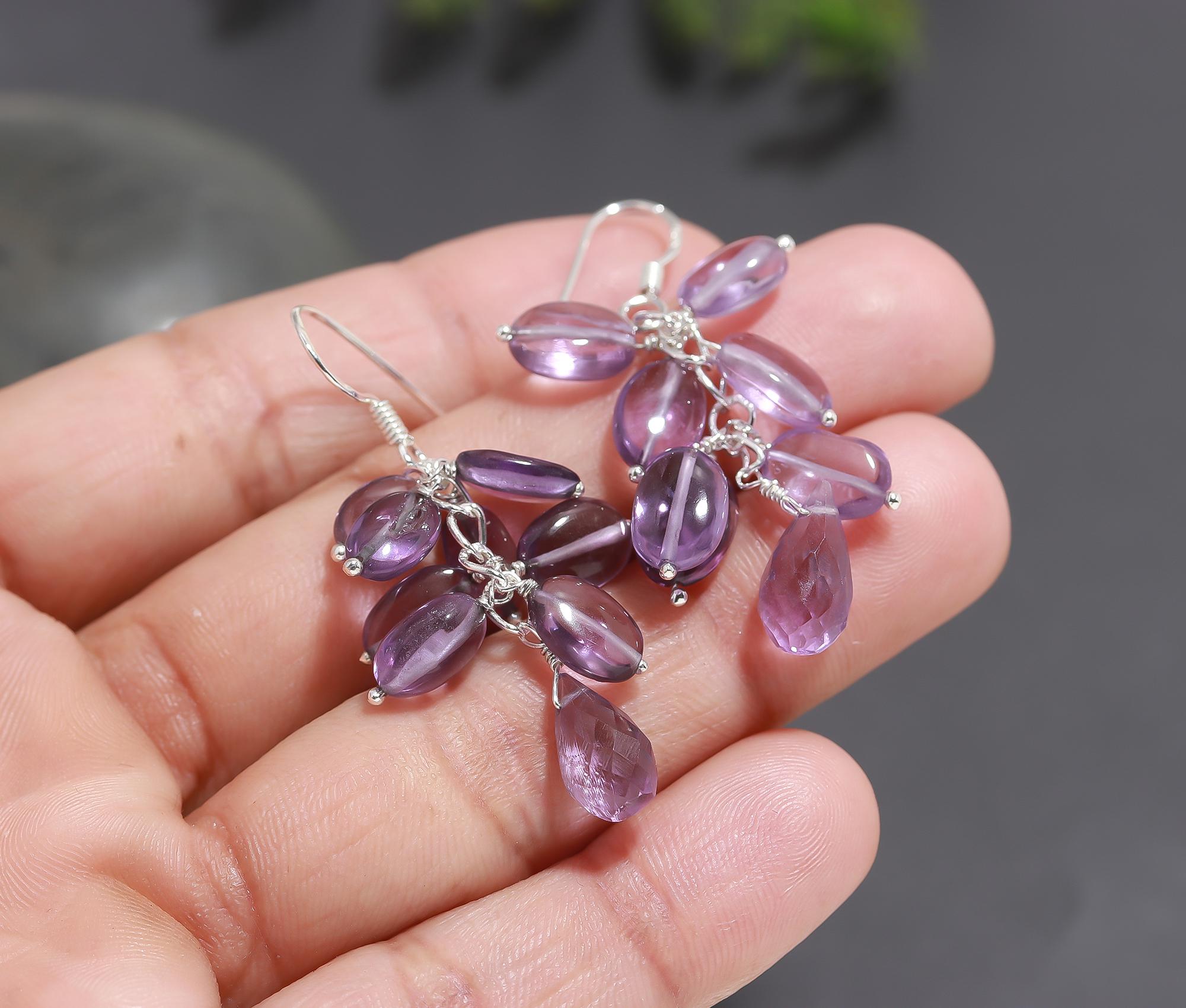 925 Silver Amethyst Beads Cluster Dangle Earrings