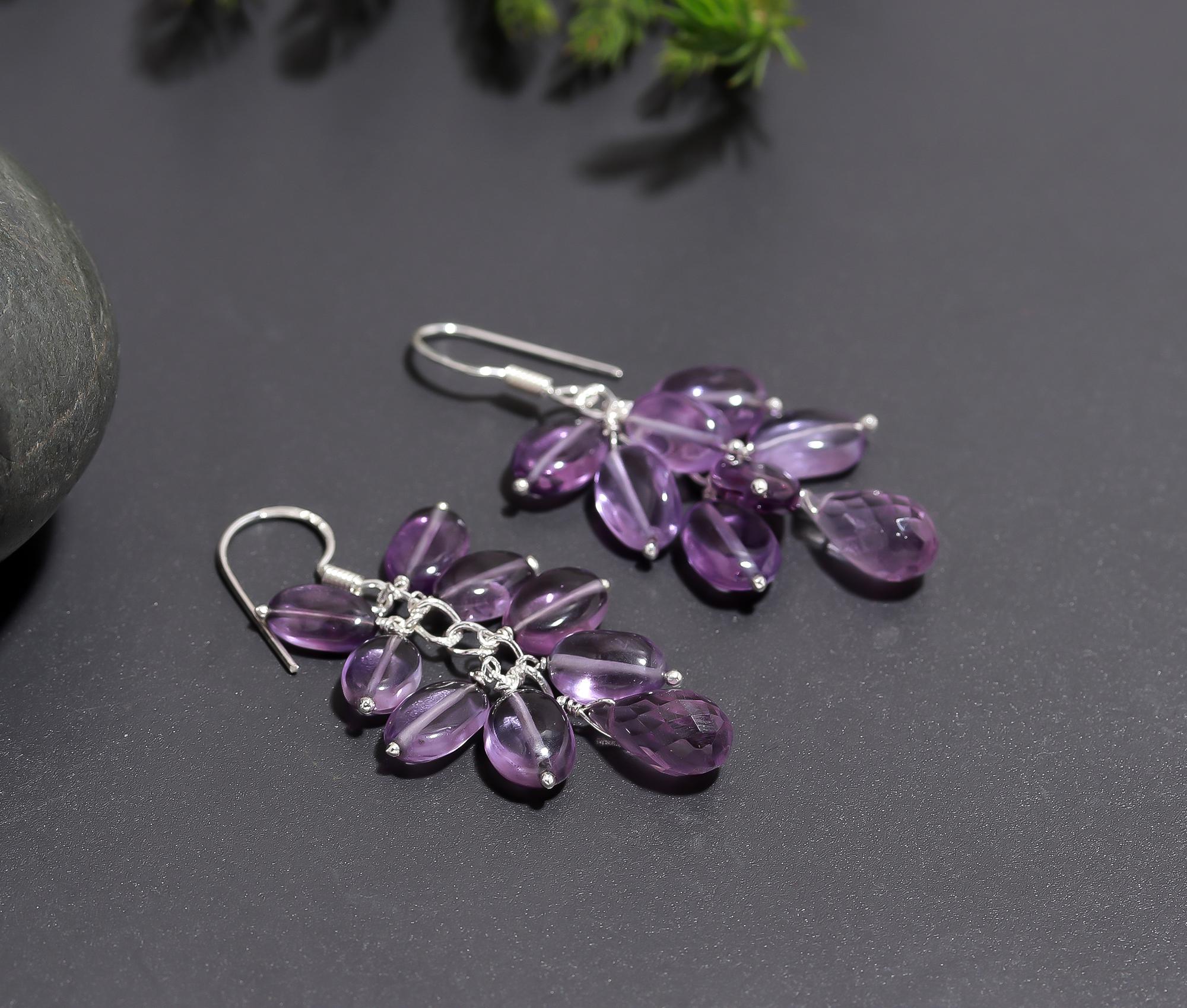 925 Silver Amethyst Beads Cluster Dangle Earrings