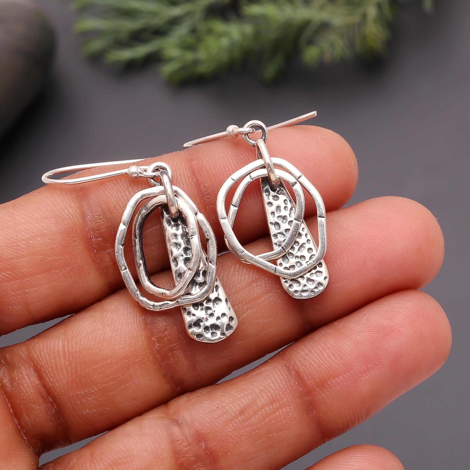 The Textured Geometry: Artisan Hammered Silver Earrings