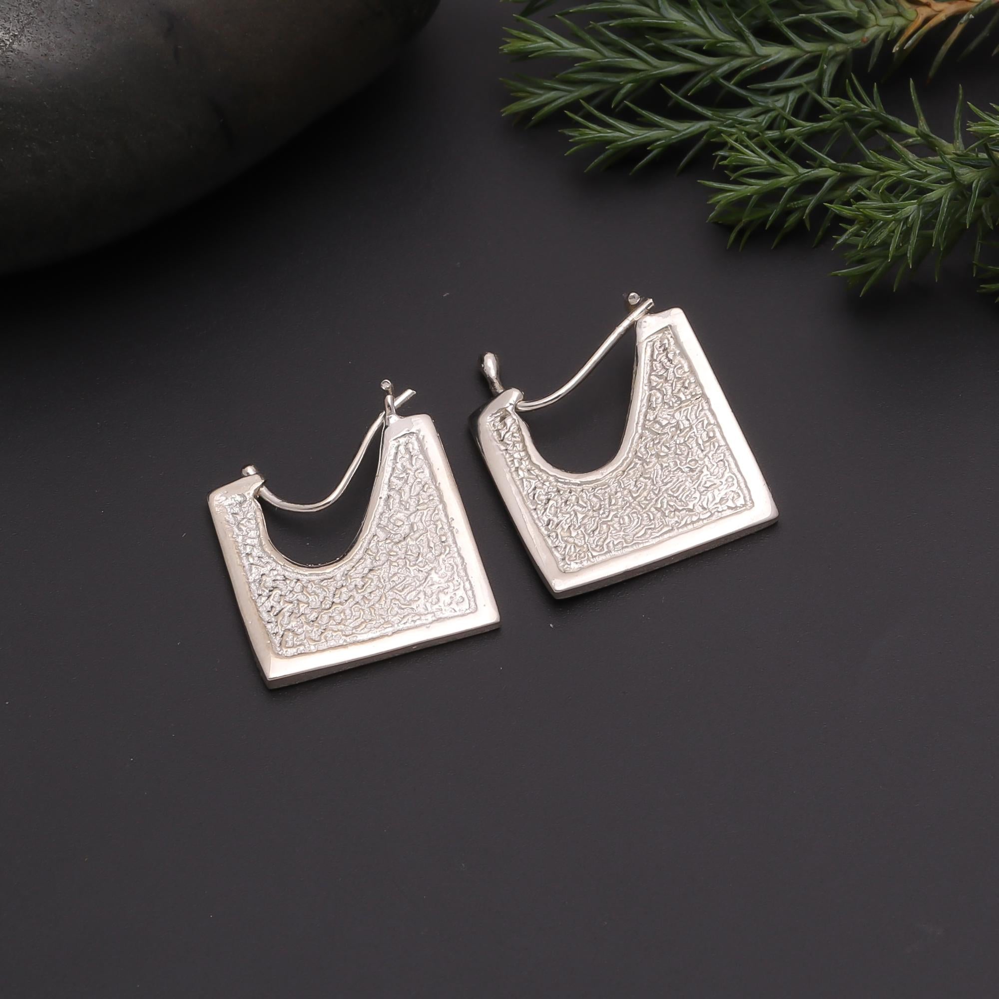 The Etched Square: Artisan Silver Geometric Hoops