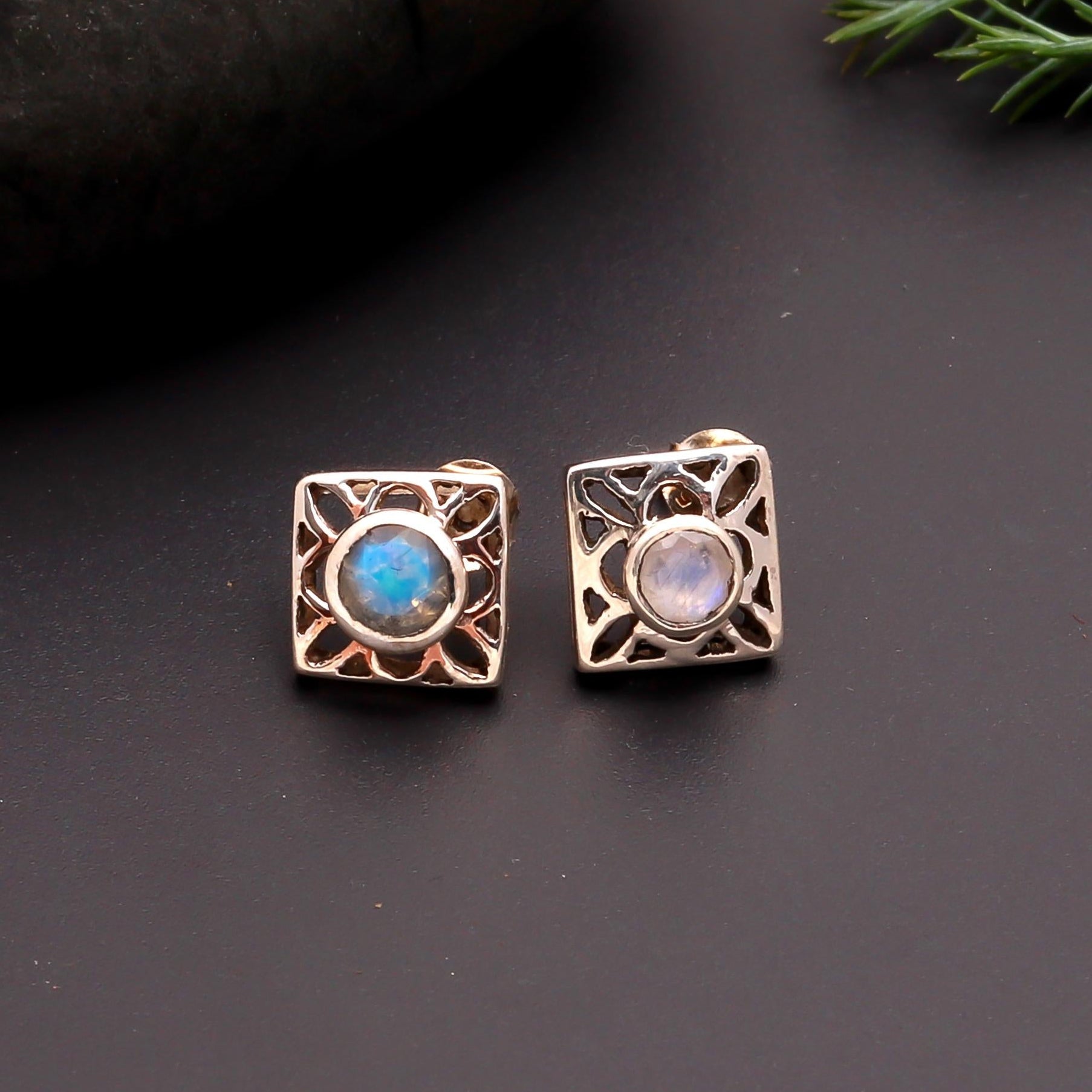 The Moonstone Lattice: Filigree Halo Silver Studs