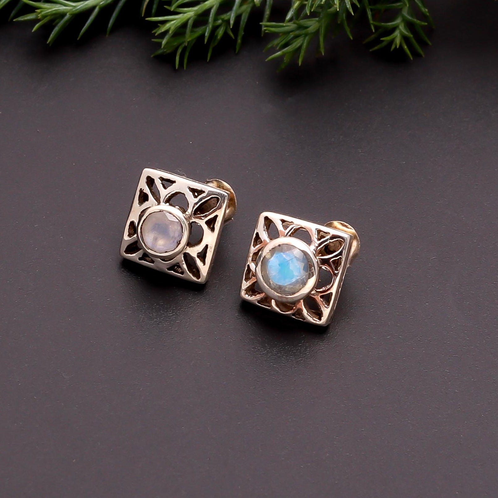 The Moonstone Lattice: Filigree Halo Silver Studs