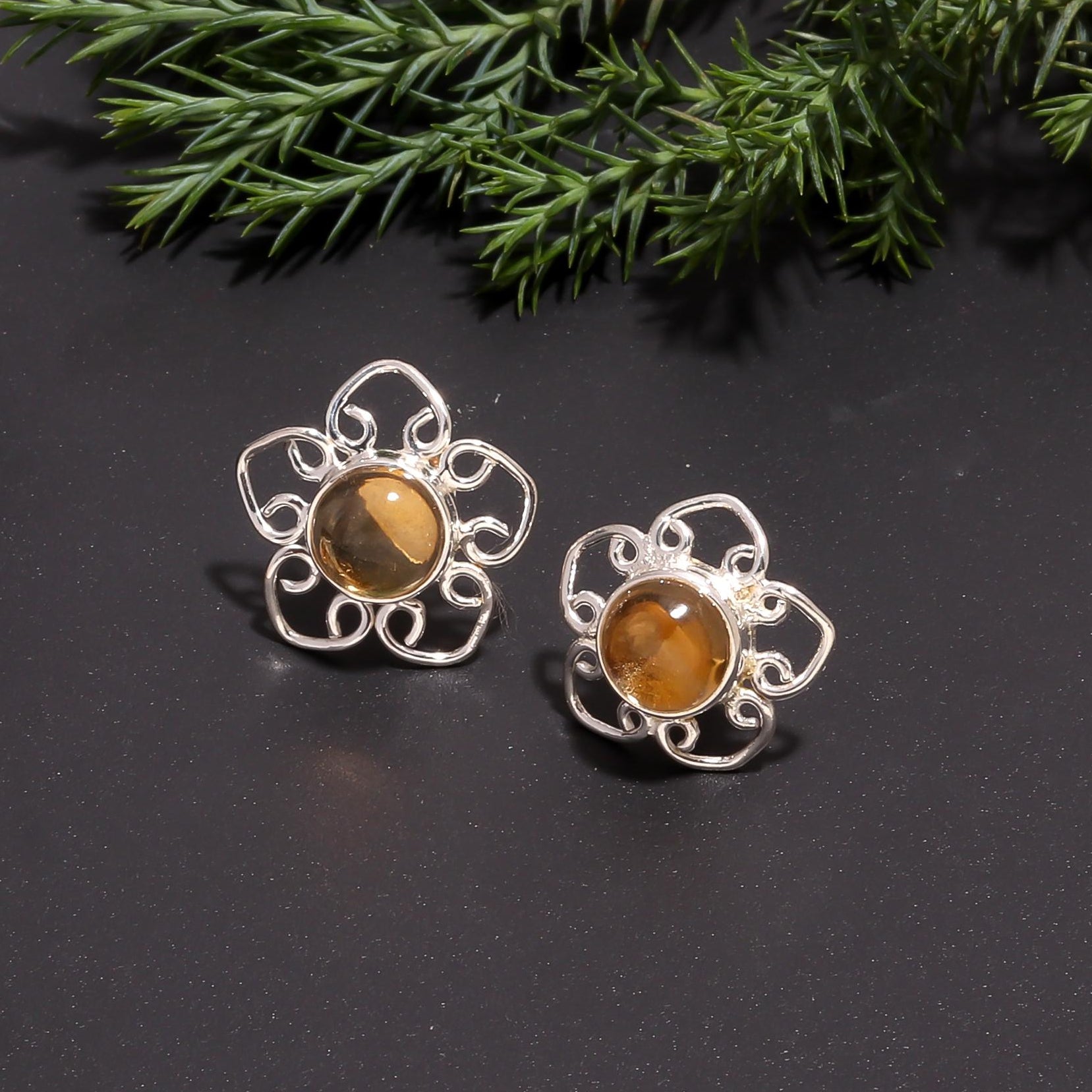 The Citrine Bloom: Ornate Floral Silver Studs