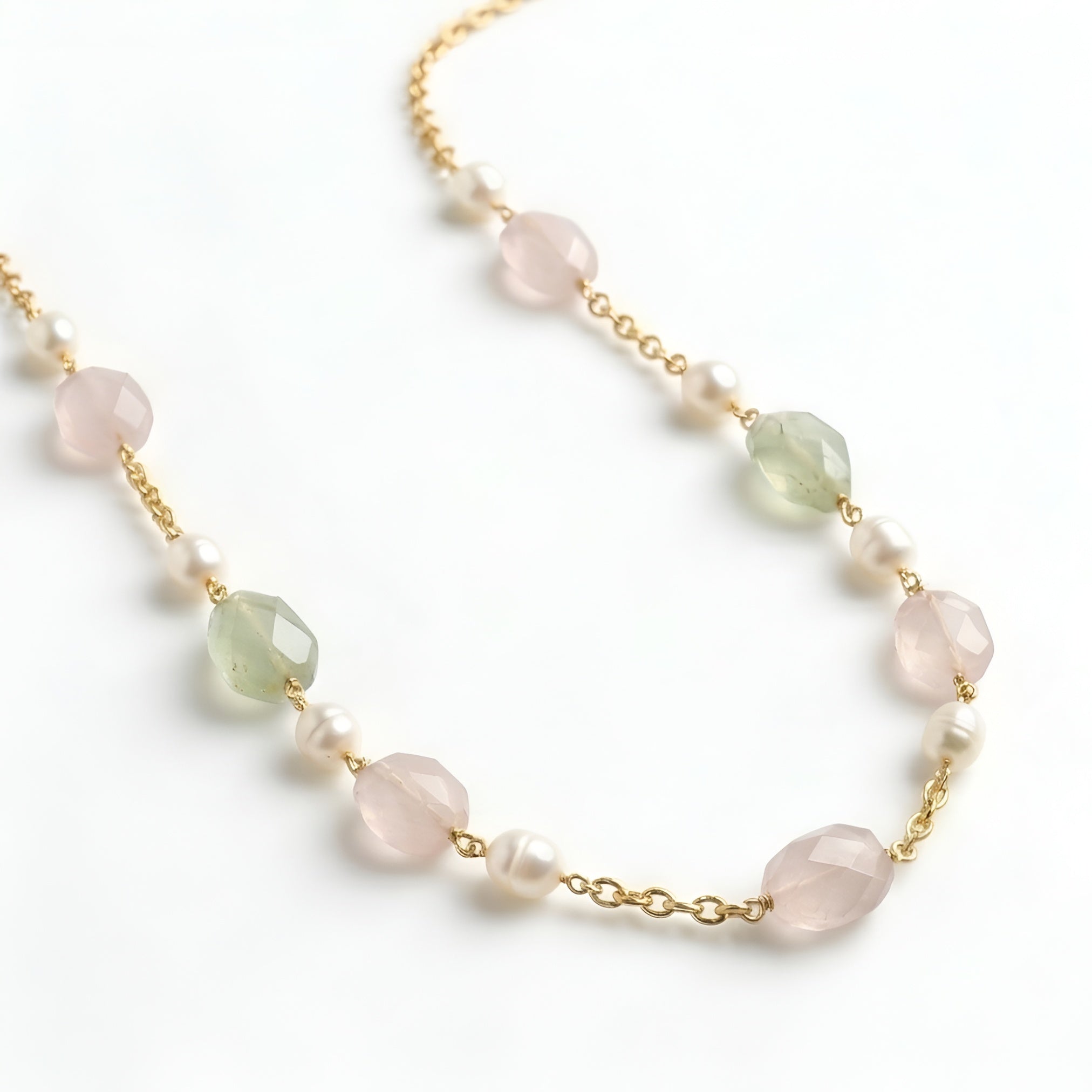 The Monet Garden: Rose Quartz, Prehnite & Pearl Station Necklace