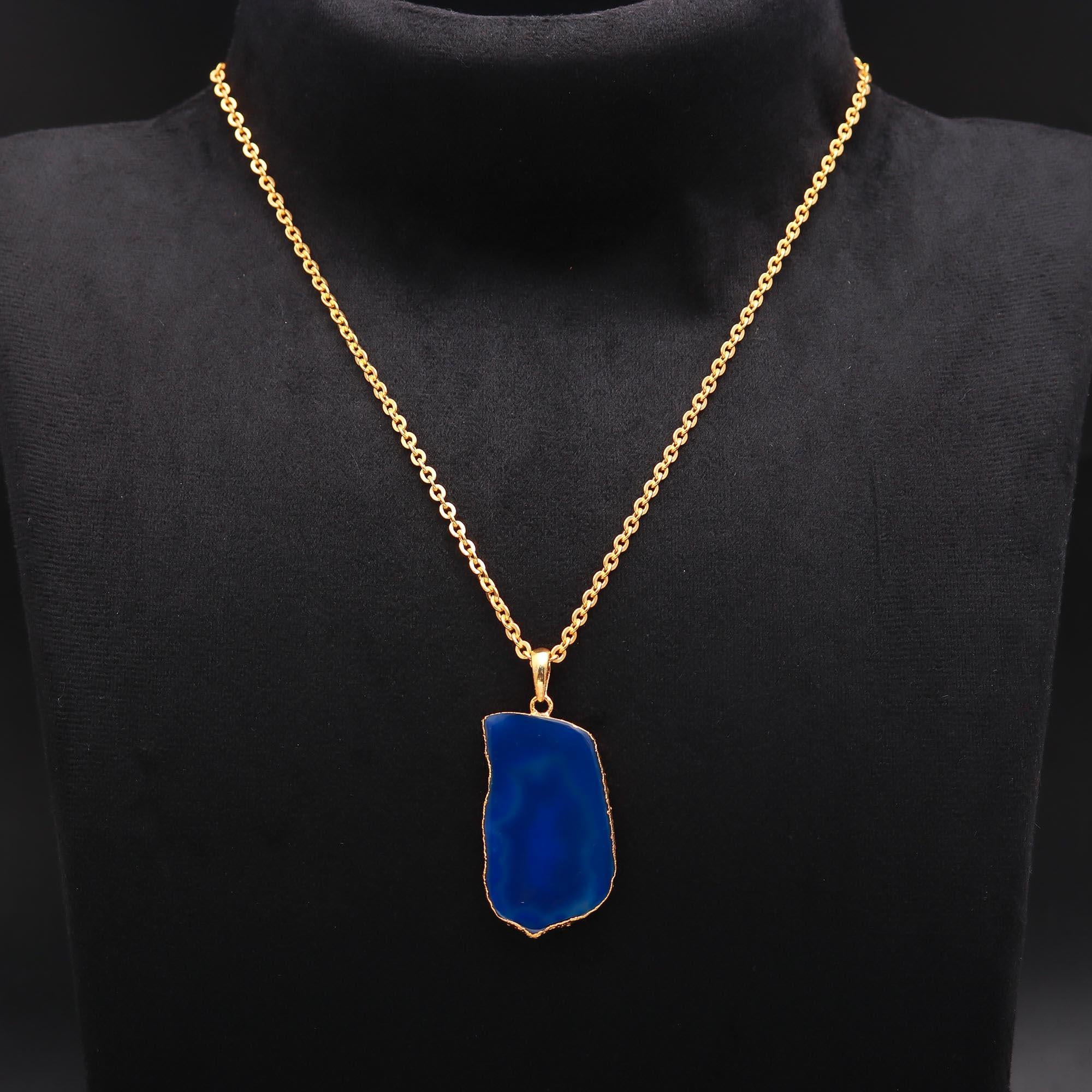 925 Silver Blue Agate Slice Pendant Necklace