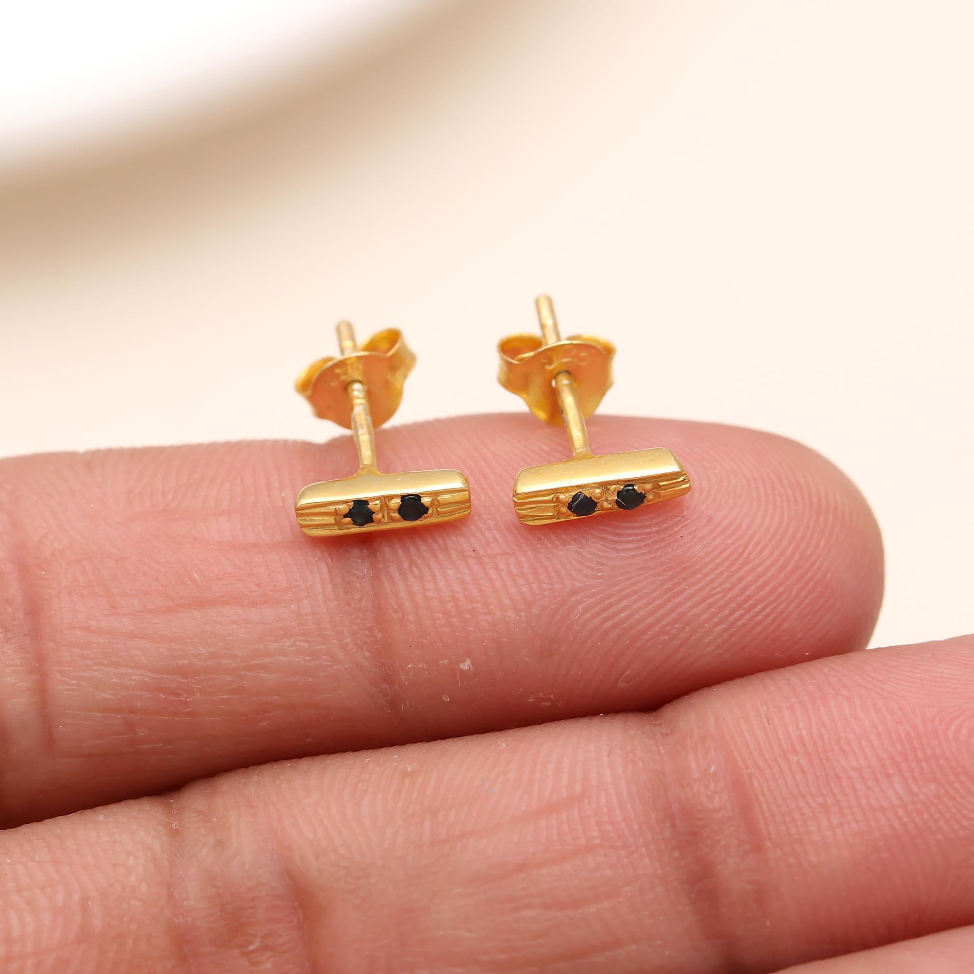 The Gilded Stripe: Textured Gold & Blue Sapphire Bar Studs