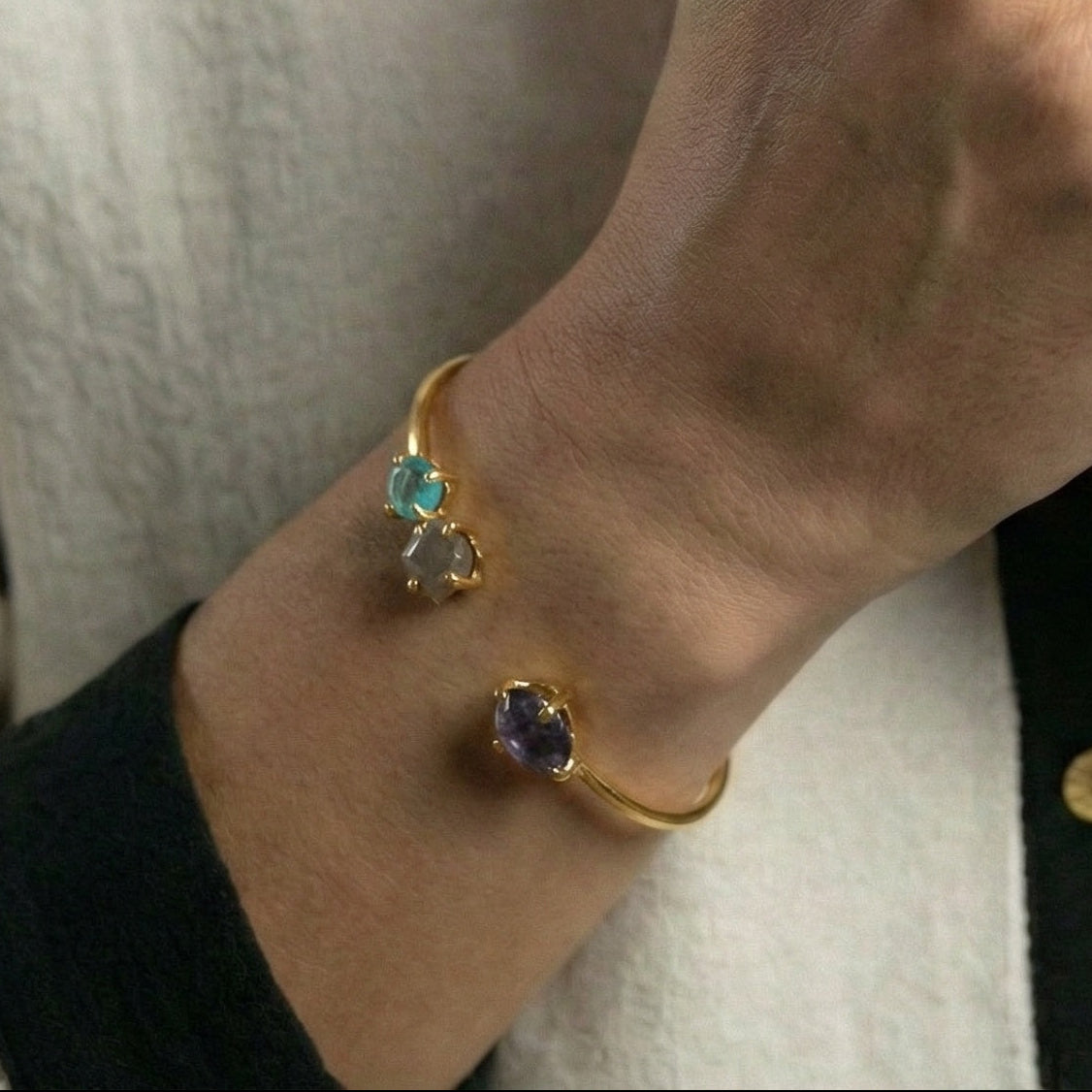 The Elemental Trio: Raw Multi-Gemstone Gold Cuff