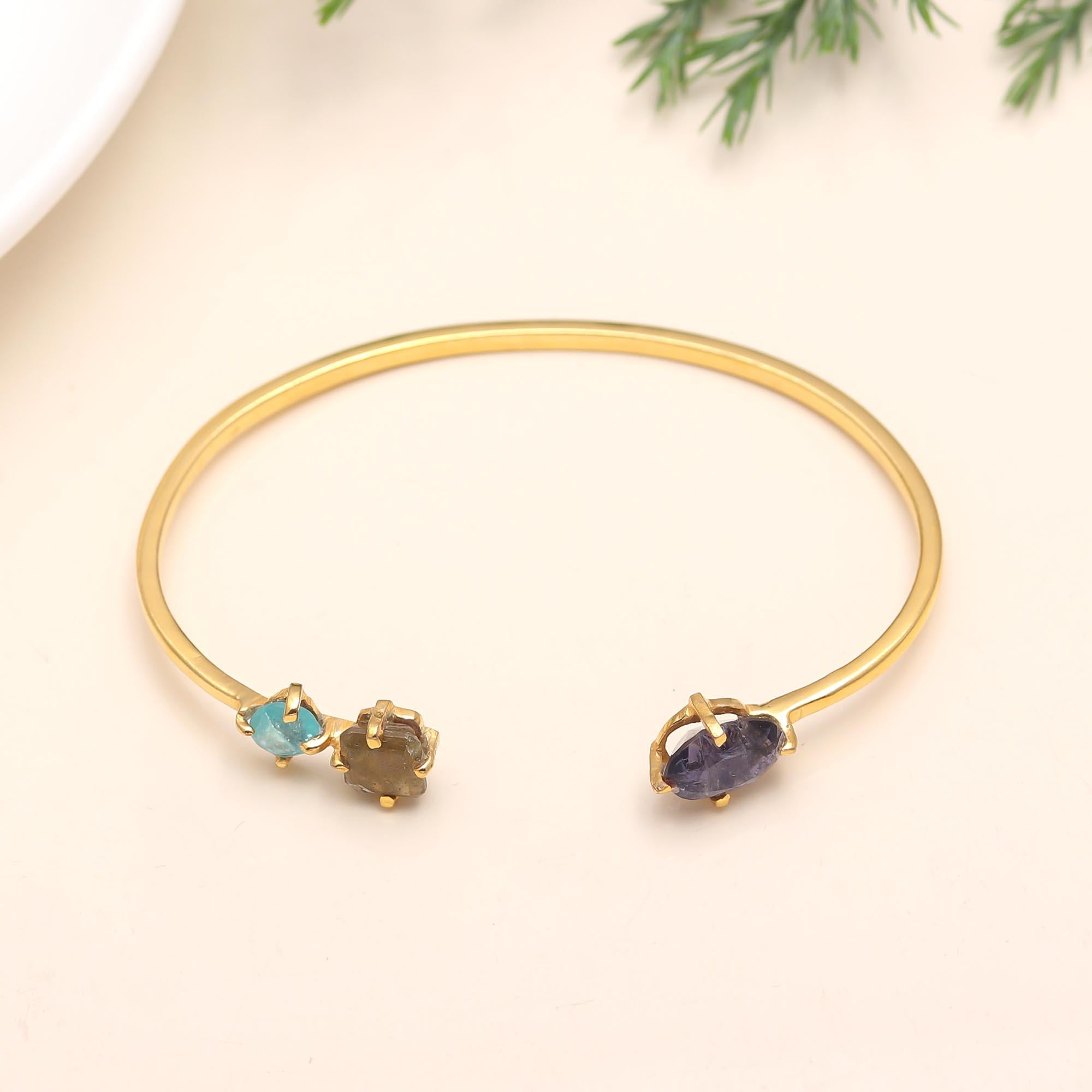 The Elemental Trio: Raw Multi-Gemstone Gold Cuff