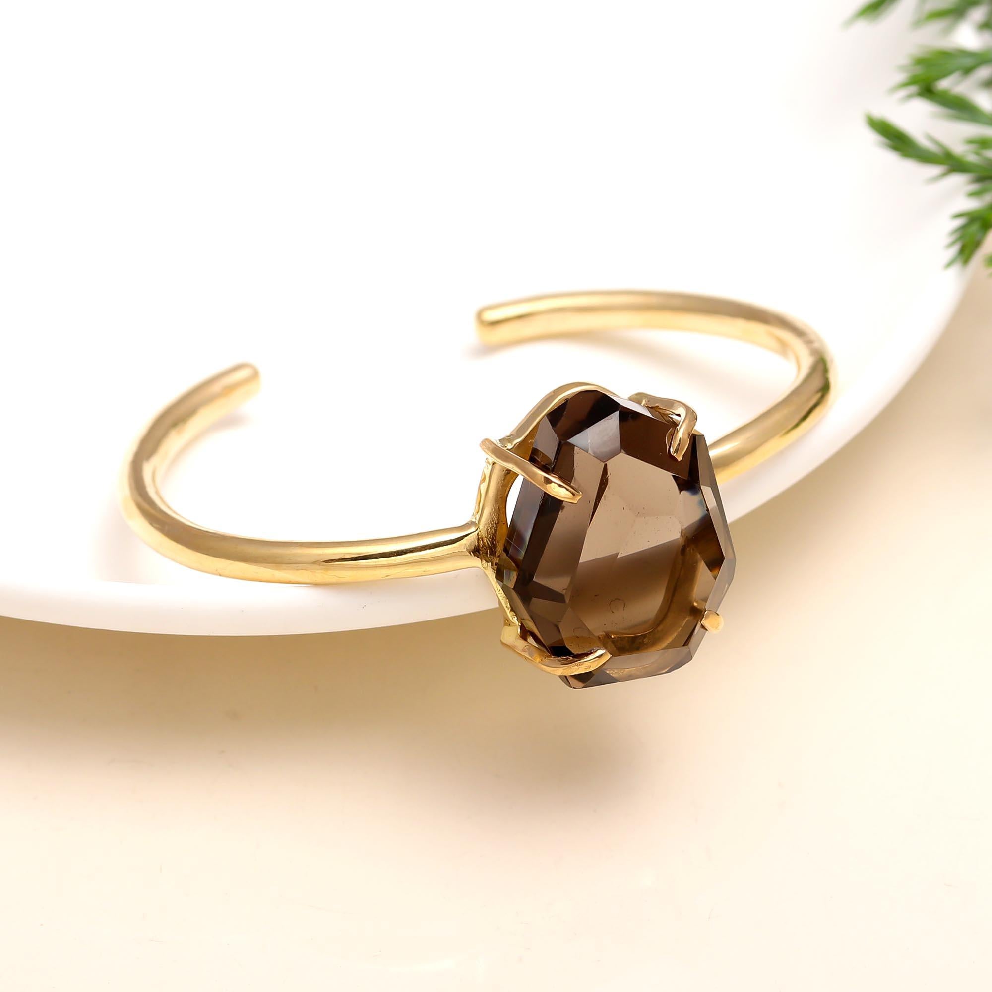 The Smoky Prism: Faceted Smoky Quartz Gold Cuff