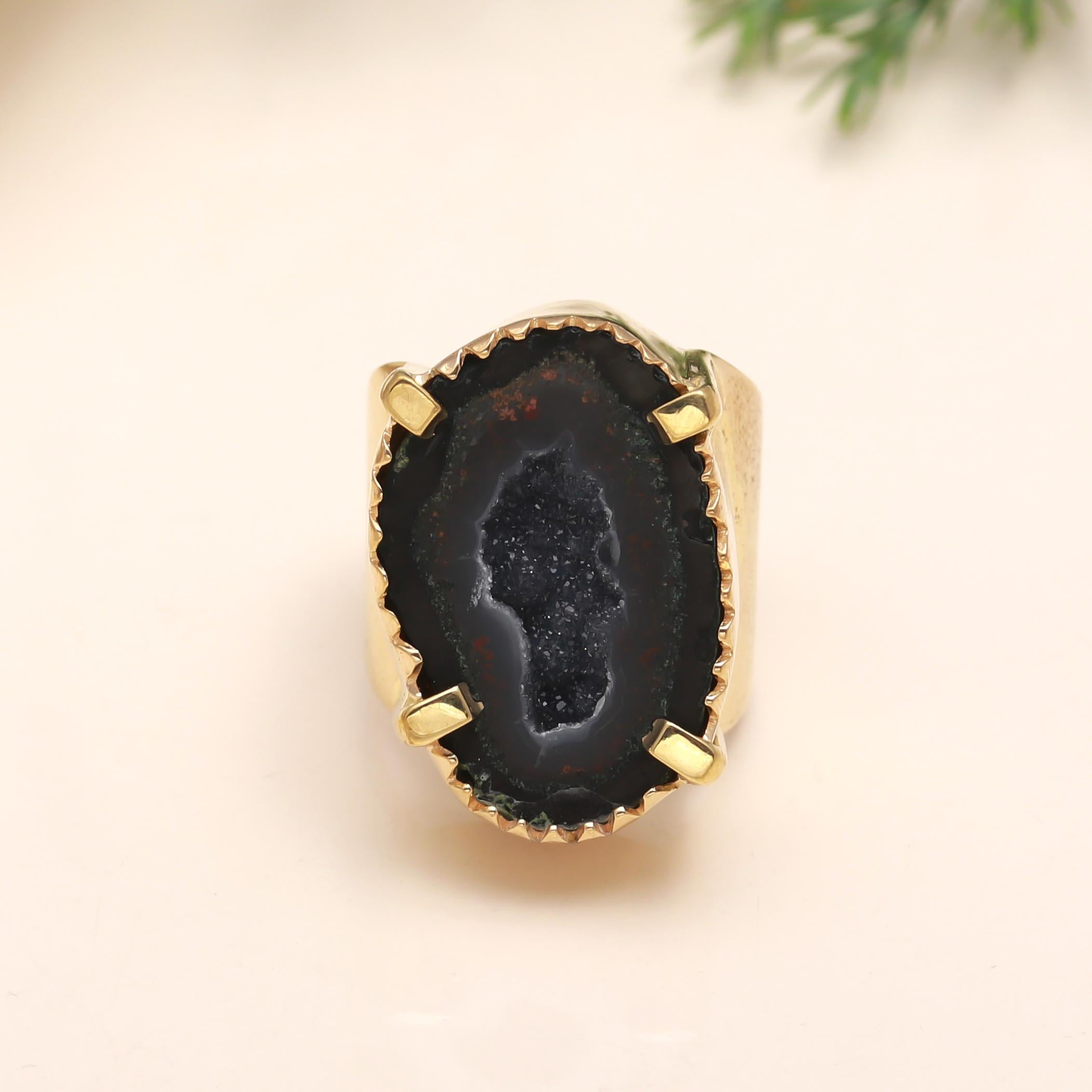 925 Silver Black Agate Druzy Ring