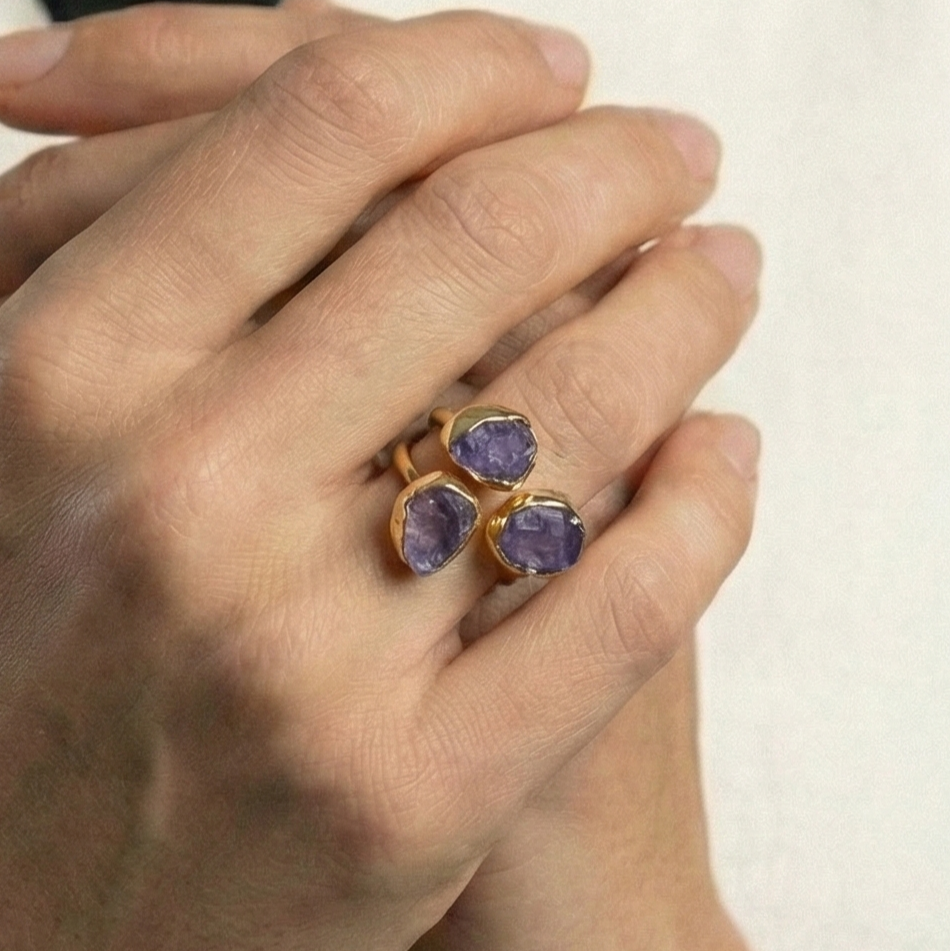 The Violet Cluster: Raw Tanzanite Trio Ring