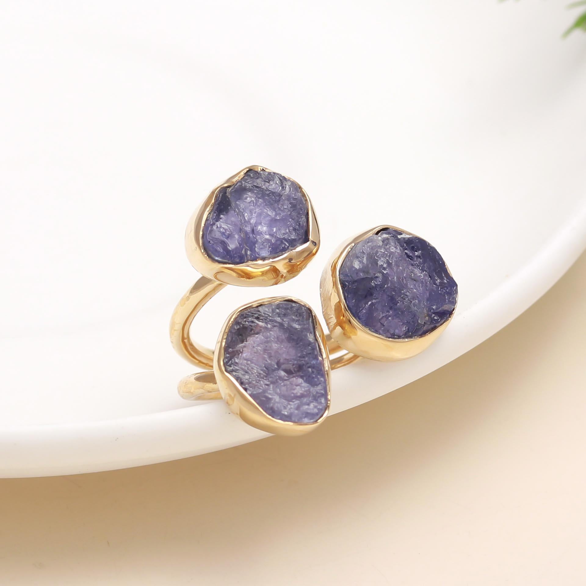 The Violet Cluster: Raw Tanzanite Trio Ring