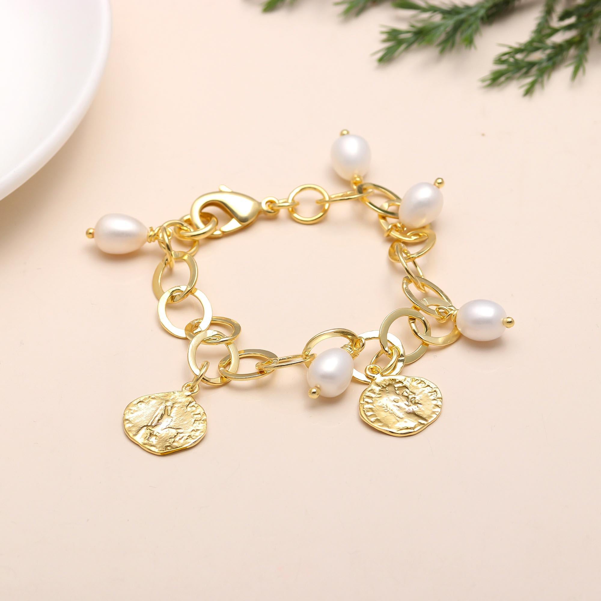 Brass Bracelet with Round Motif Coins & Freshwater Pearls
