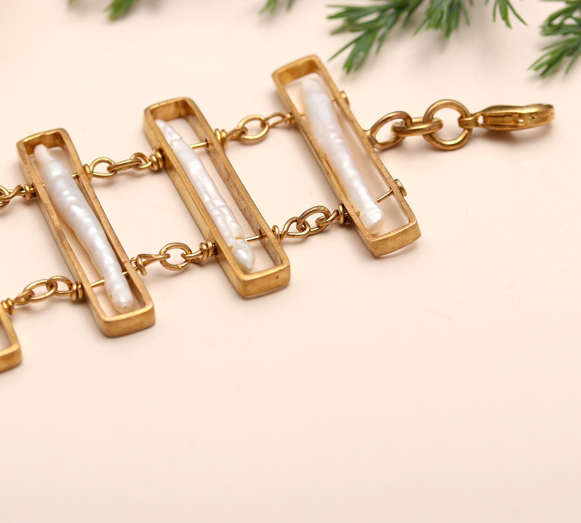 Brass Bracelet with Biwa Pearls