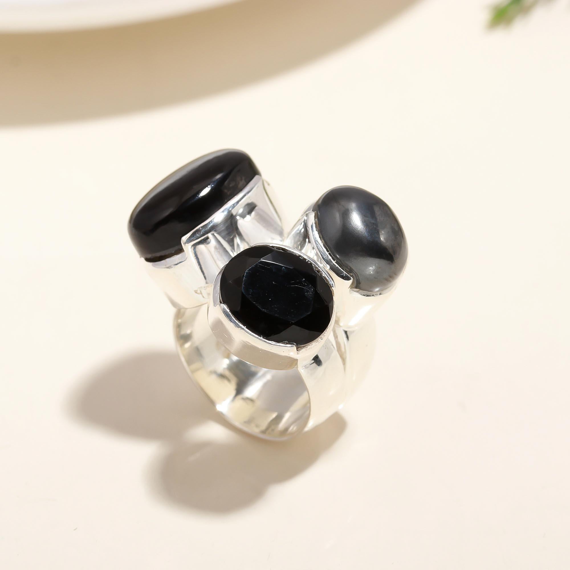 925 Silver Triple Black Onyx Ring