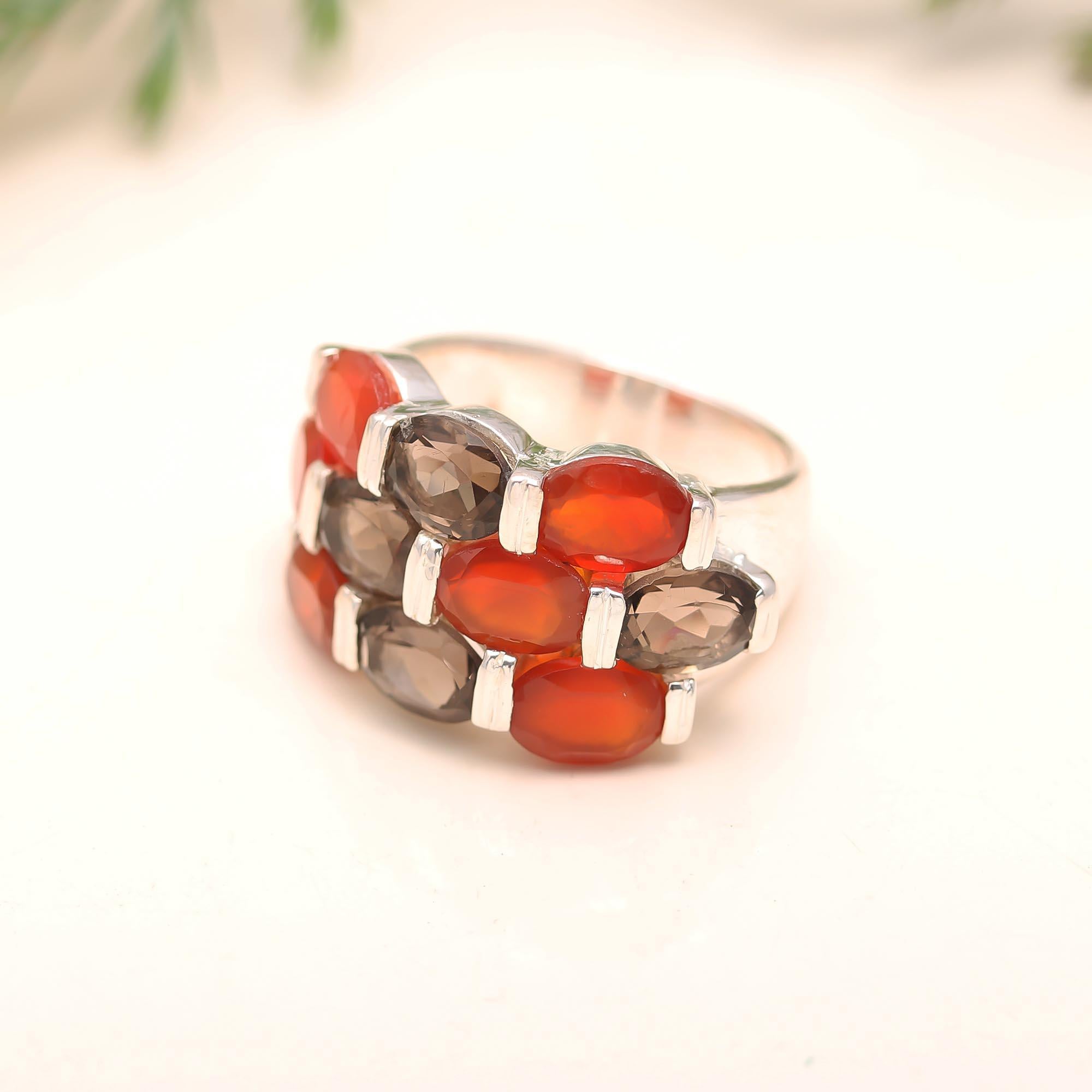 925 Silver Carnelian and Smoky Quartz Ring
