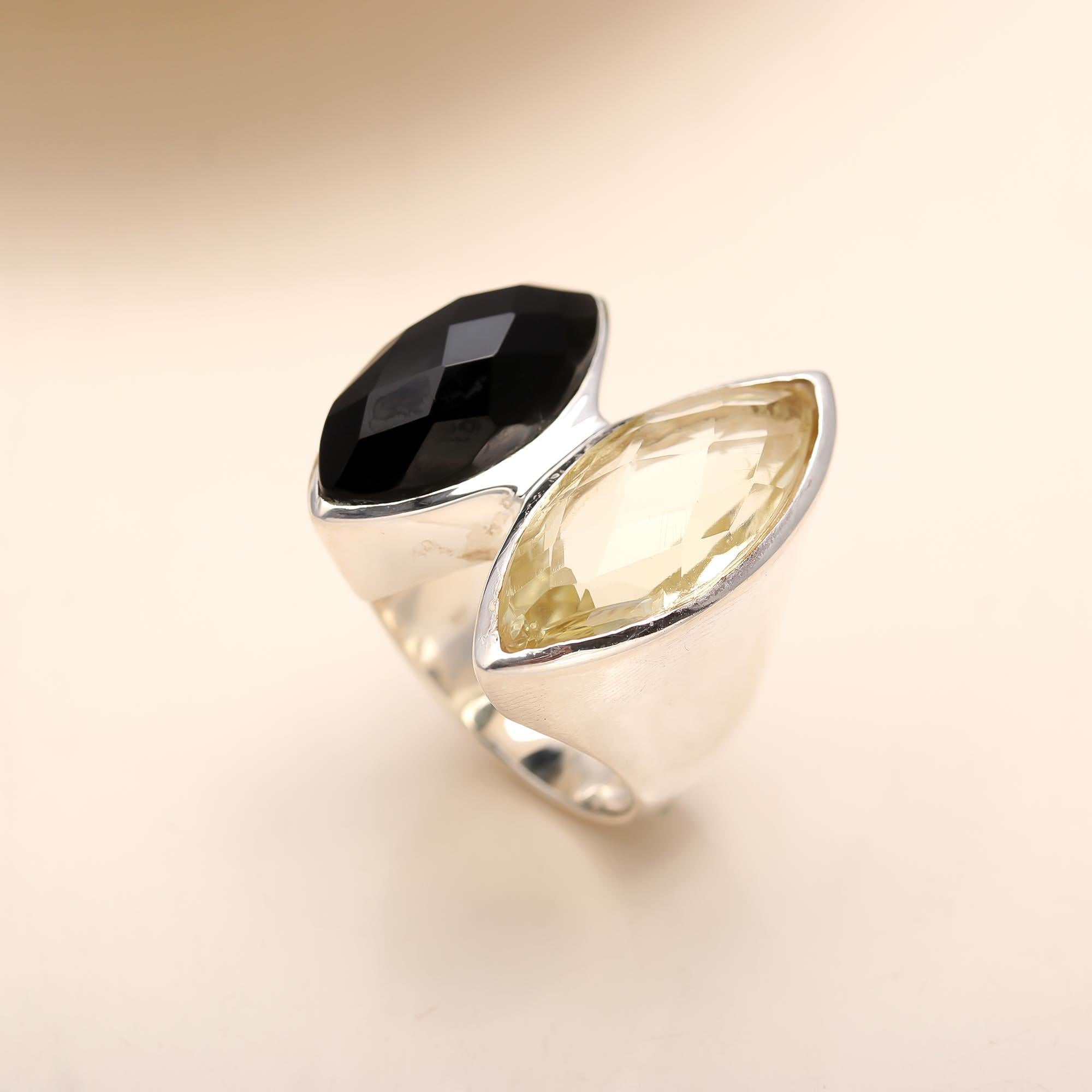 925 Silver Onyx and Citrine Ring